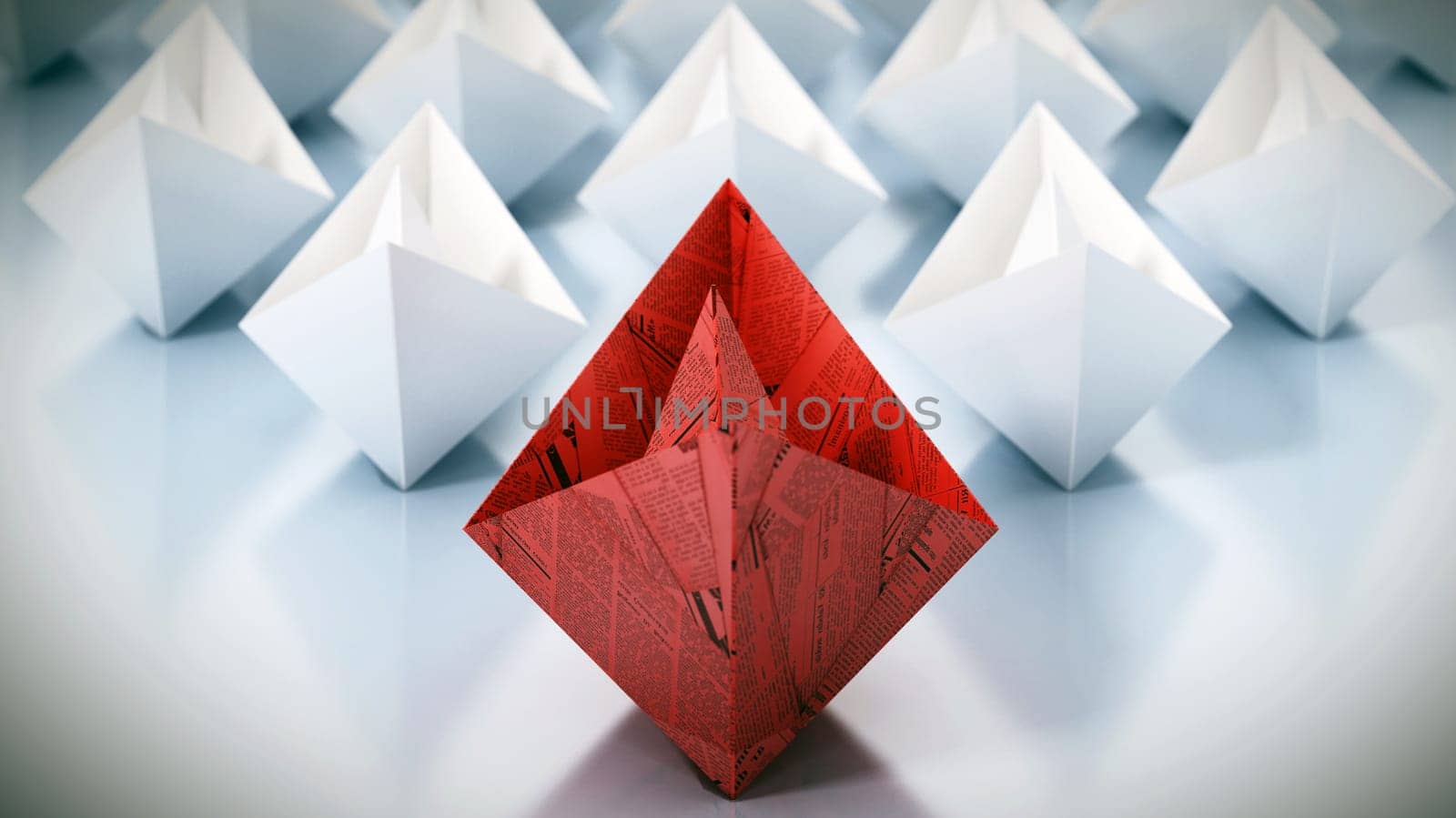 Red paper ship leading white regular paper ships. 3D illustration.