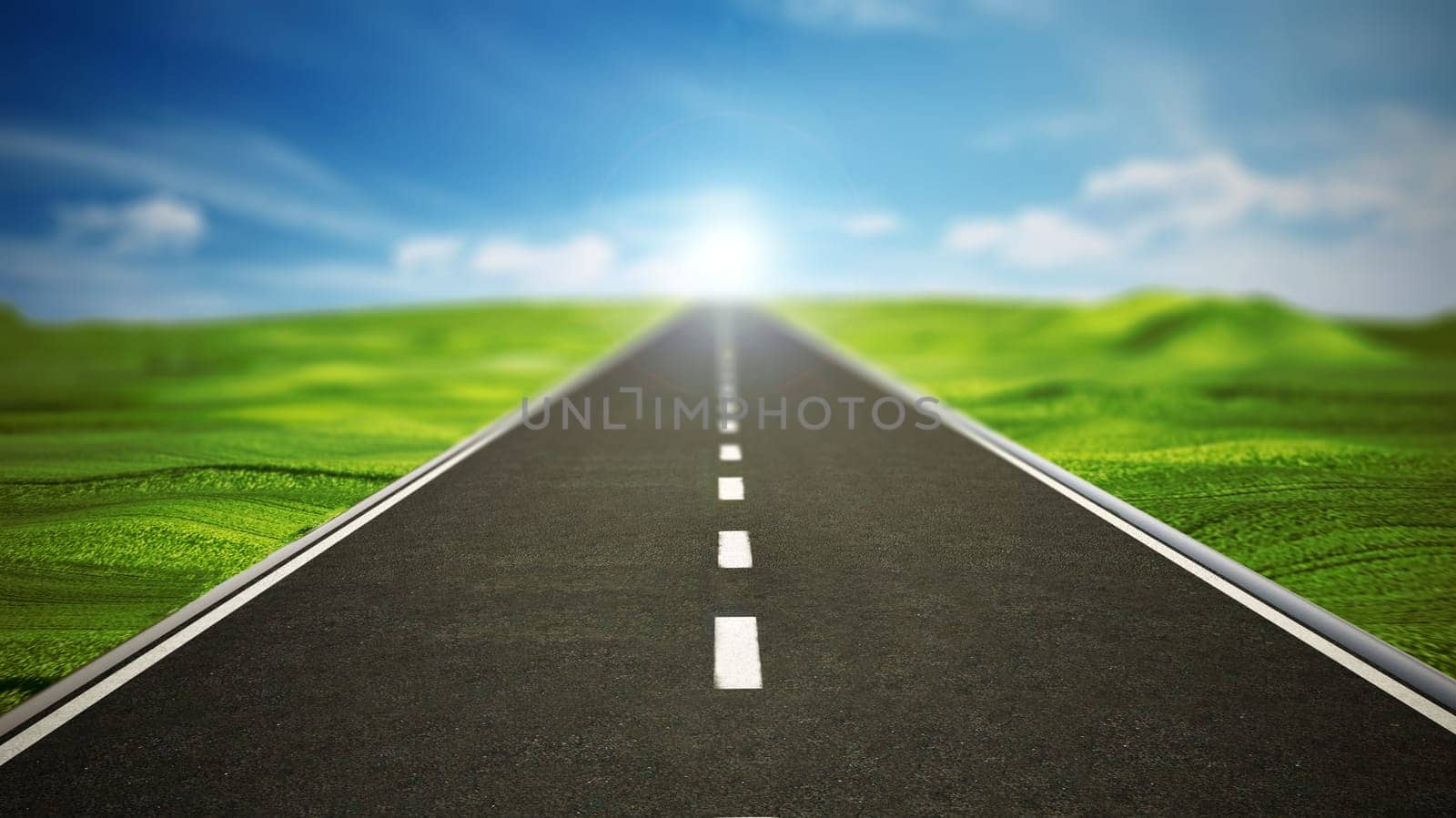 Empty highway road leading to blue sky. 3D illustration.