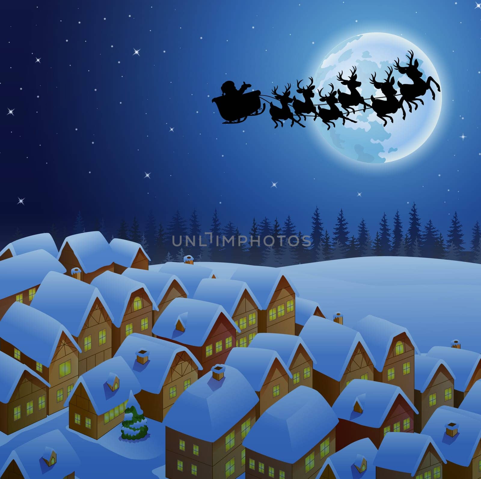 Santa Claus riding his reindeer sleigh flying in the sky