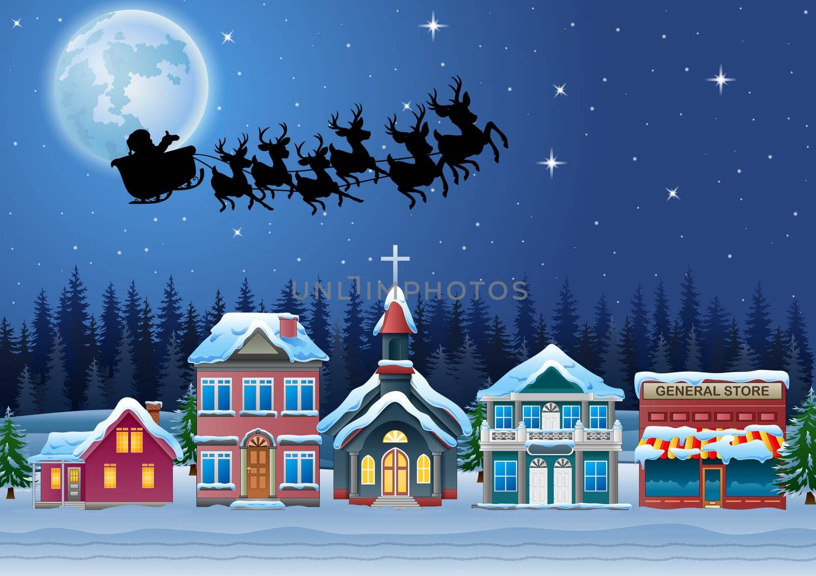 Santa Claus riding his reindeer sleigh flying in the sky