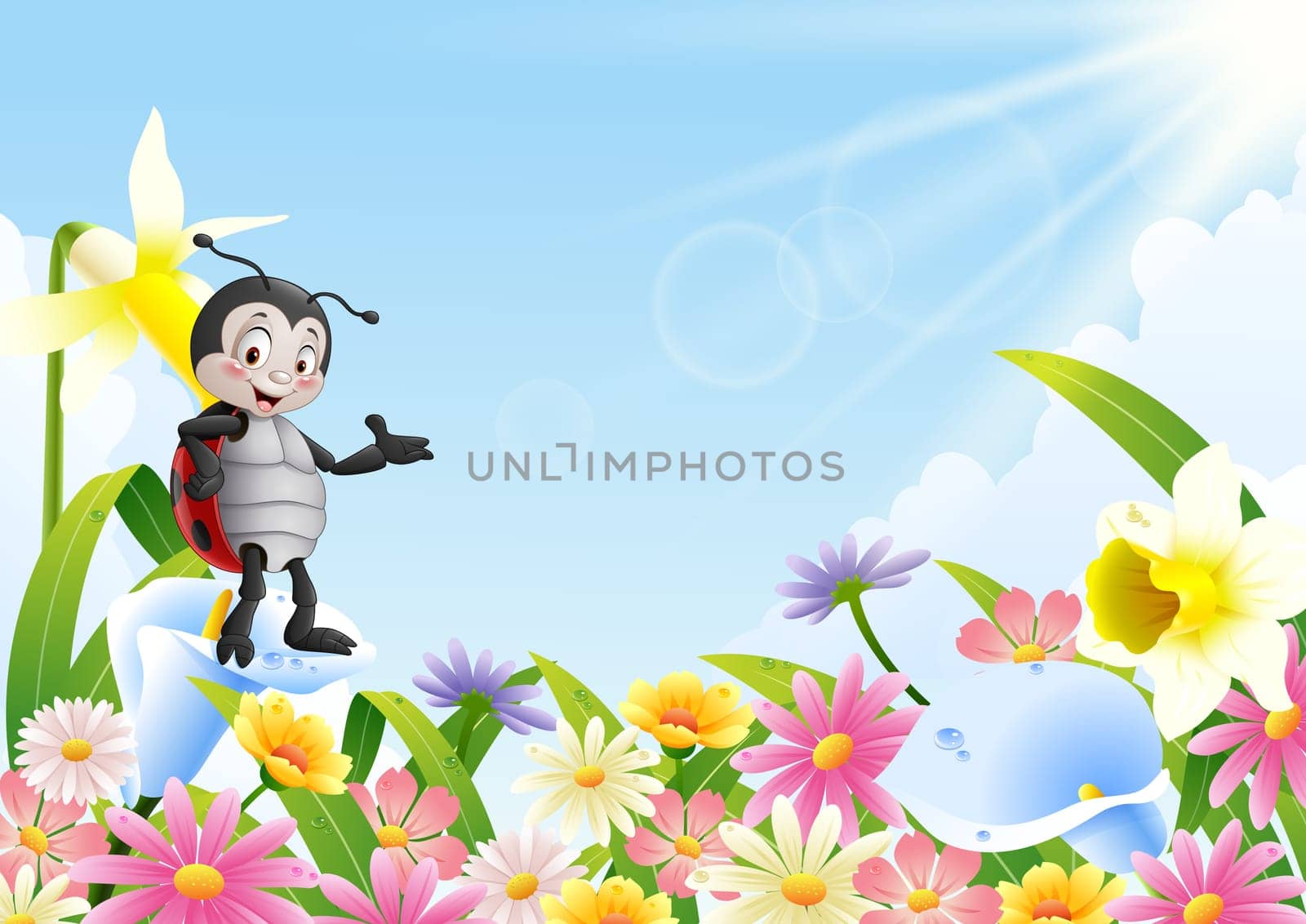 Cartoon ladybug in the flower field