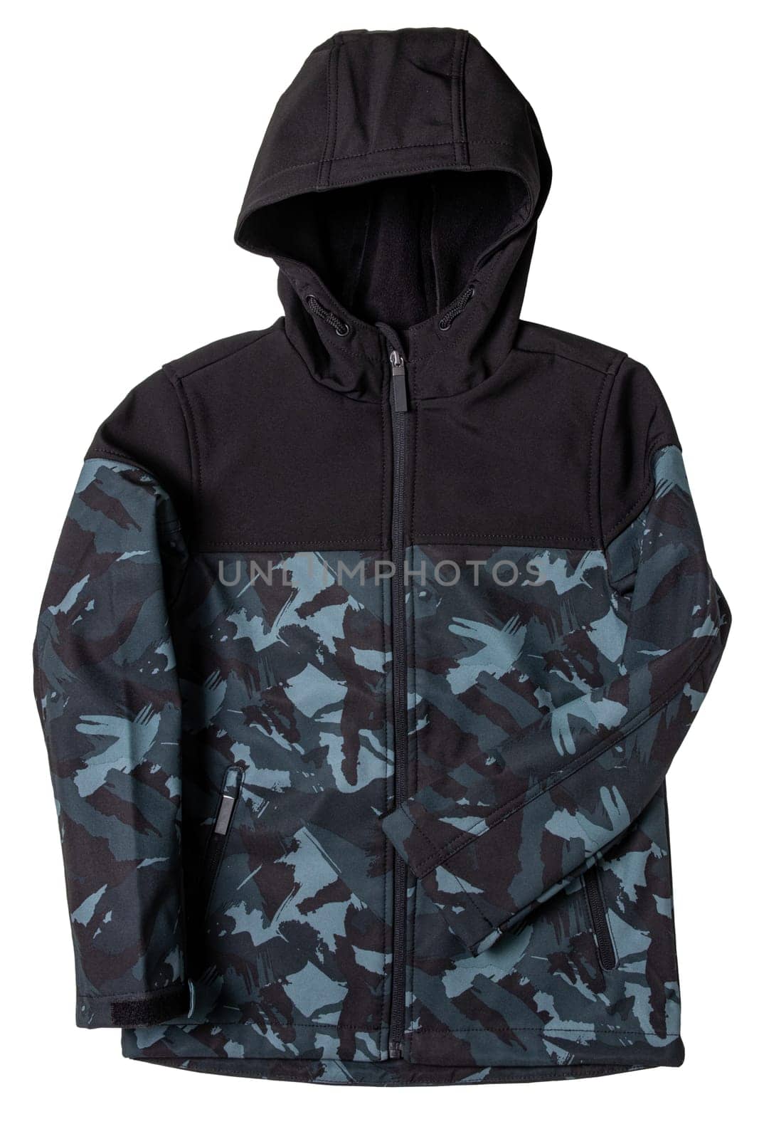 Winter jacket for children. Close-up of children's black warm jacket with hood isolated on white background. Winter fashion. Clipping path. Military style.