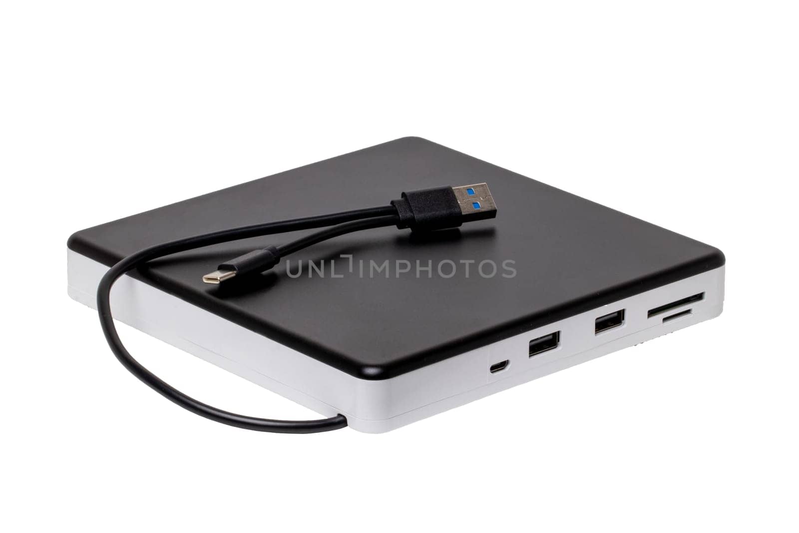 Closeup of a external DVD CD usb burner drive and player with integrated USB interfaces, SD and TF slot as well as micro connections isolated. Computer accessories.