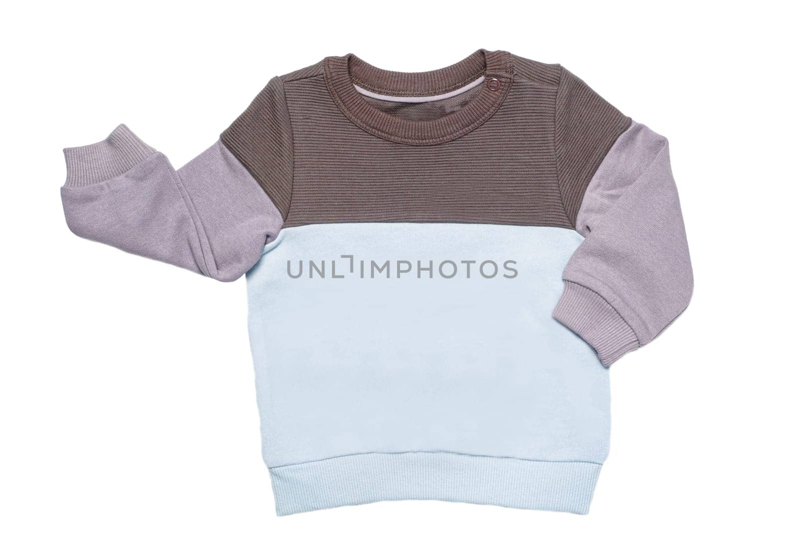 Autumn and winter children clothes. A brown beige blue cozy warm sweater or pullover isolated on a white background.Spring fashion for child boy. Front view.
