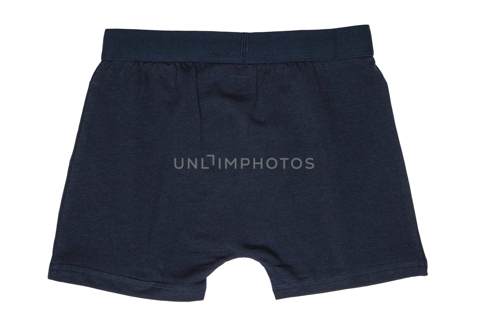 Male underwear isolated. Close-up of dark blue boxer short isolated on a white background. Mens underwear fashion. Clipping path. Back view. Boys fashion.