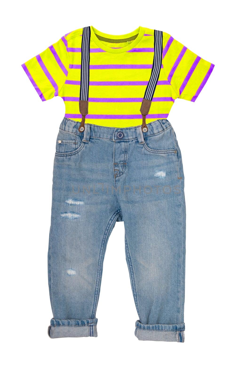 Collage set of a trendy stylish blue denim pants or trousers for boys and a yellow violet striped t-shirt with short sleeves isolated. Kids summer fashion.