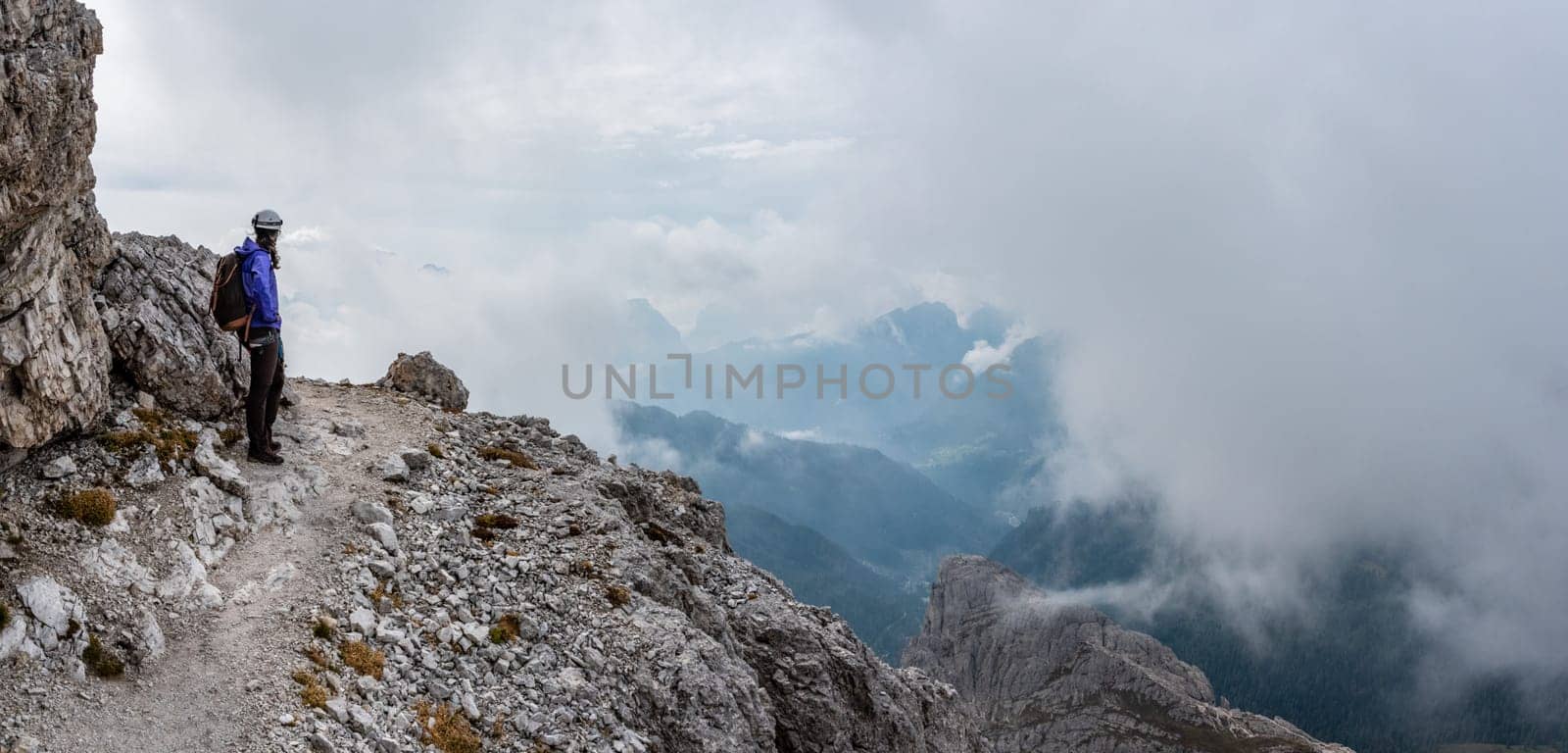 Adventurous hike up to mount Lagazuoi in the Dolomite Alps, autonomous pronvince of South Tirol in Italy