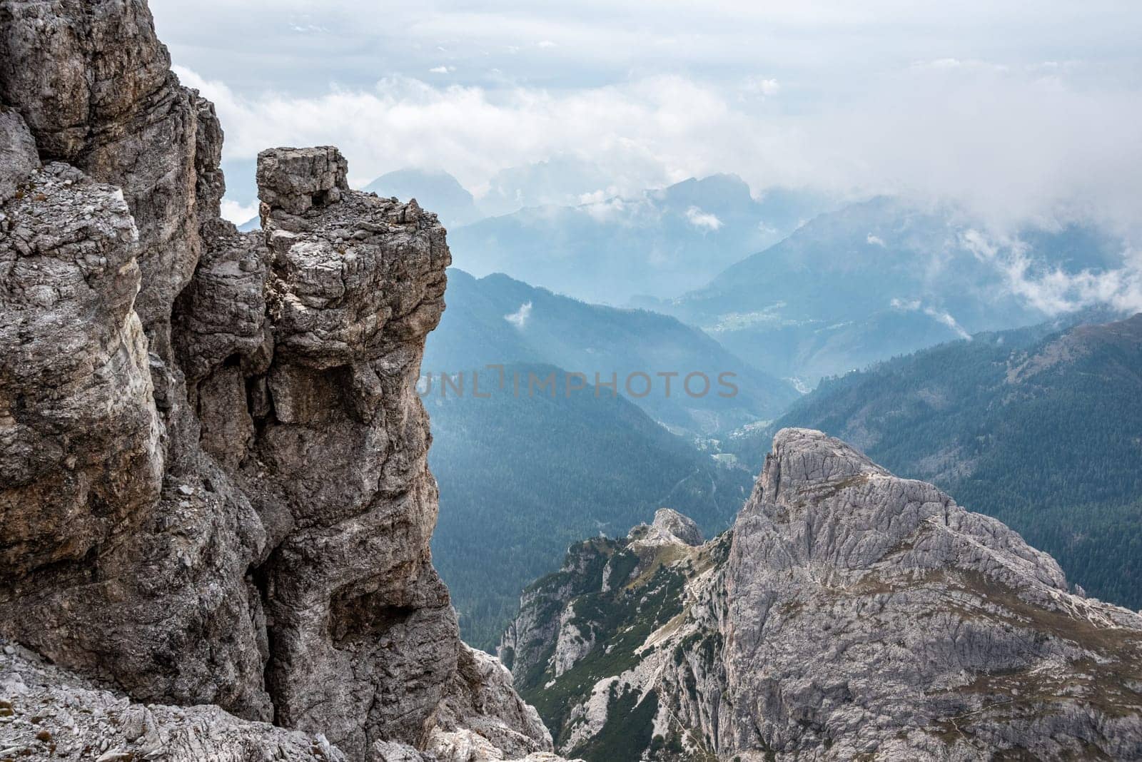 Adventurous hike up to mount Lagazuoi in the Dolomite Alps, autonomous pronvince of South Tirol in Italy