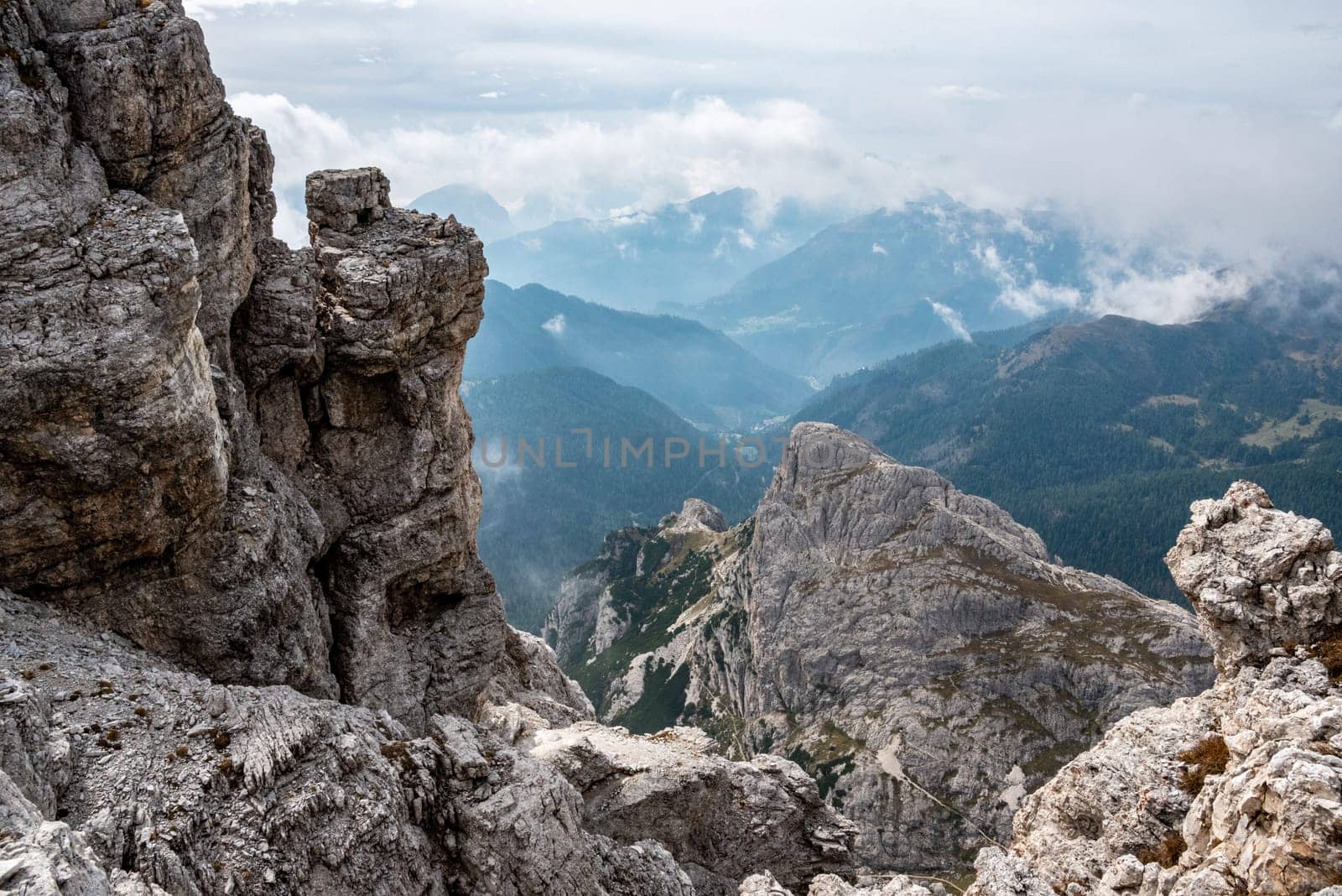 Adventurous hike up to mount Lagazuoi in the Dolomite Alps, autonomous pronvince of South Tirol in Italy