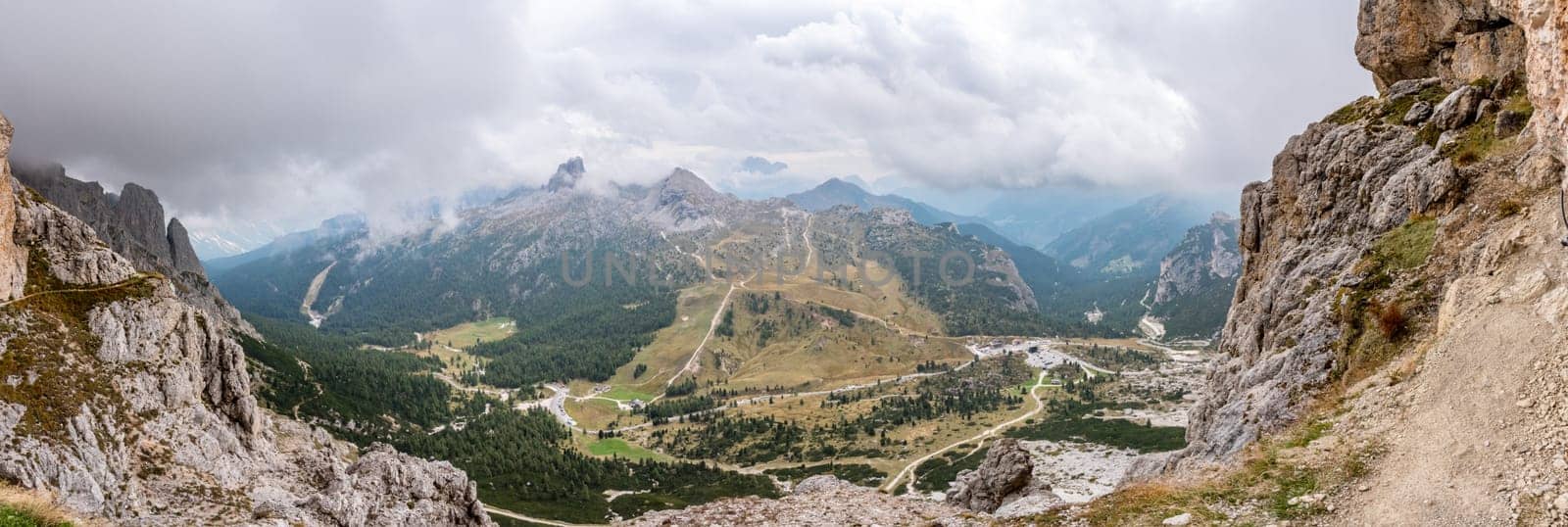 Panoramic view on the Valparola pass in the Dolomite Alps, autonomous province of Southern Tirol