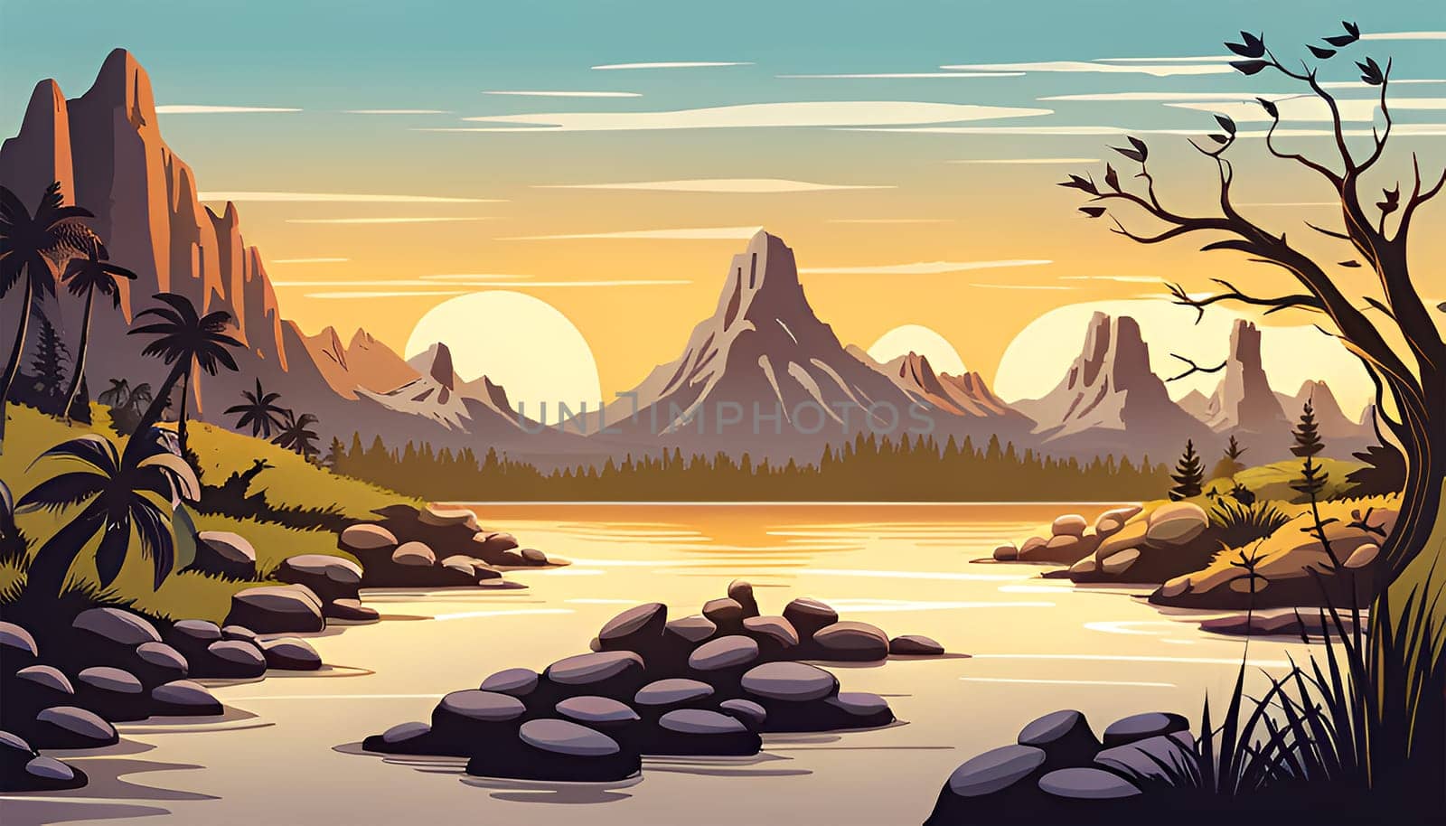 Fantasy prehistoric landscape with multiple suns - Generative AI