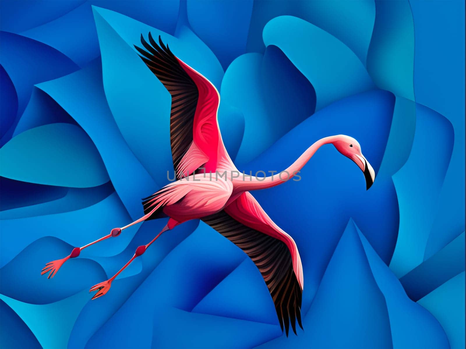 Pink flamingo flying in deep blue fantasy sky - Generative AI