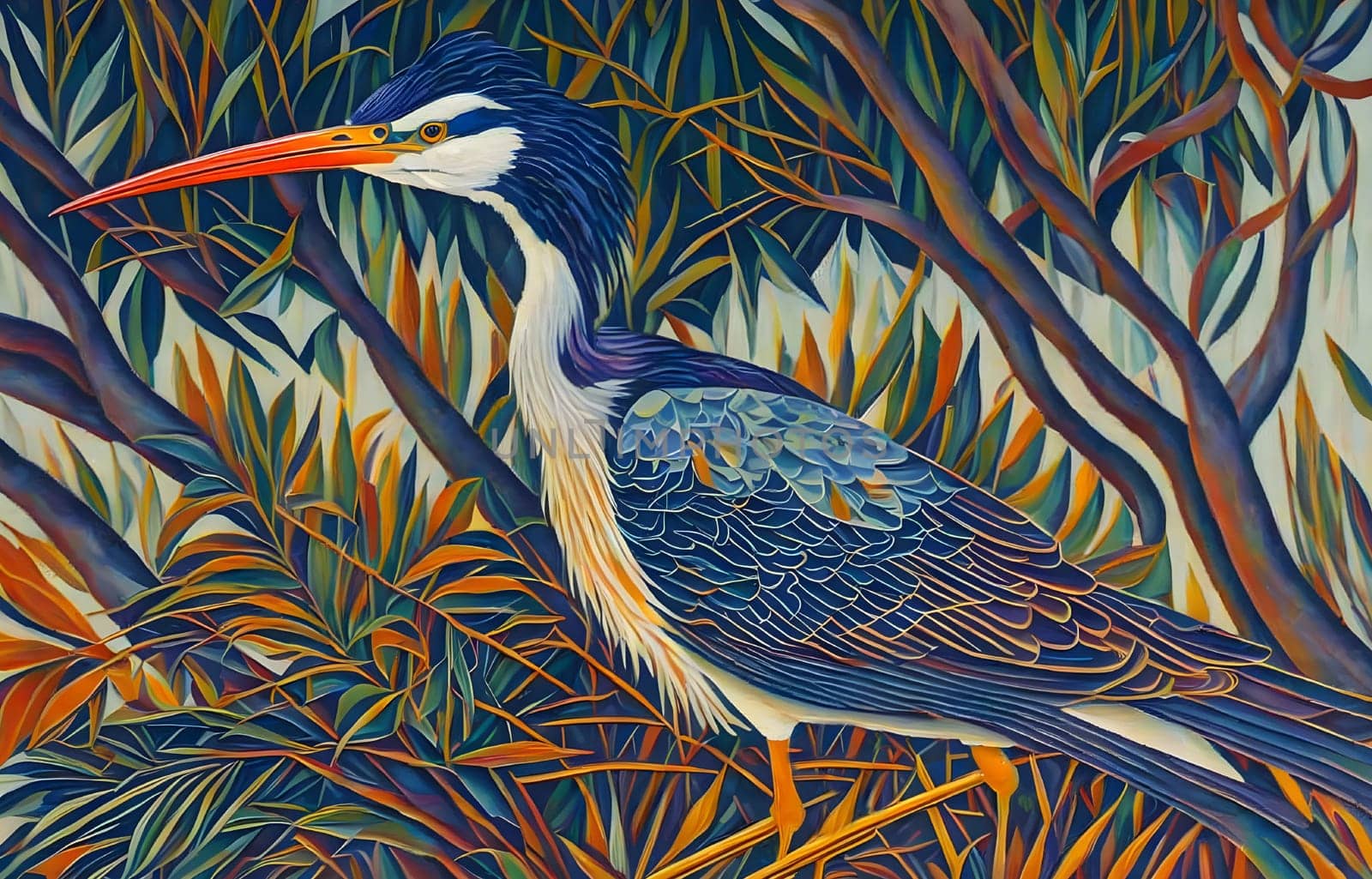 Fantasy grey heron in nature full of colorful tree branches - Generative AI