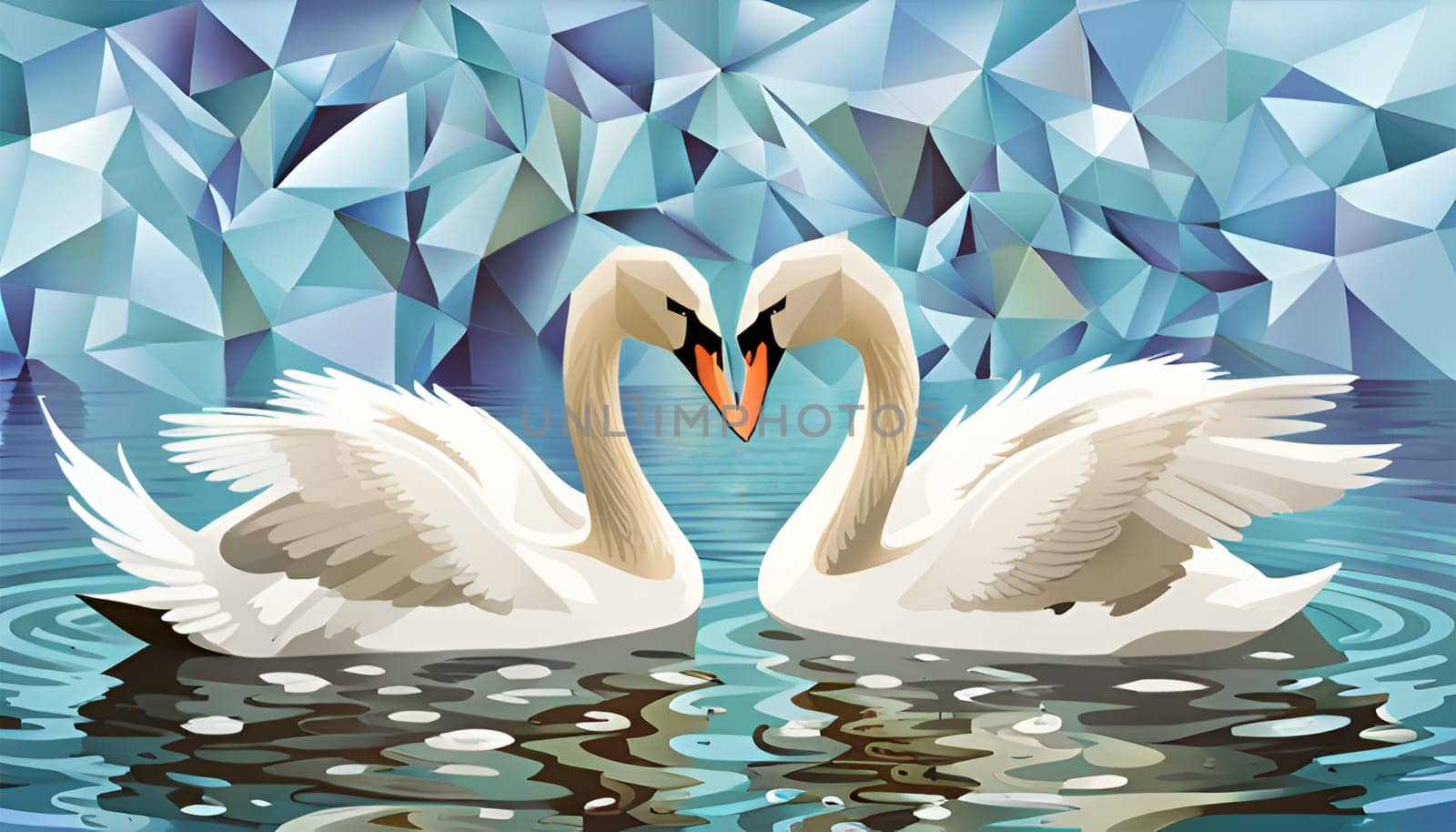 Fantasy swan couple in blue grey water background - Generative AI