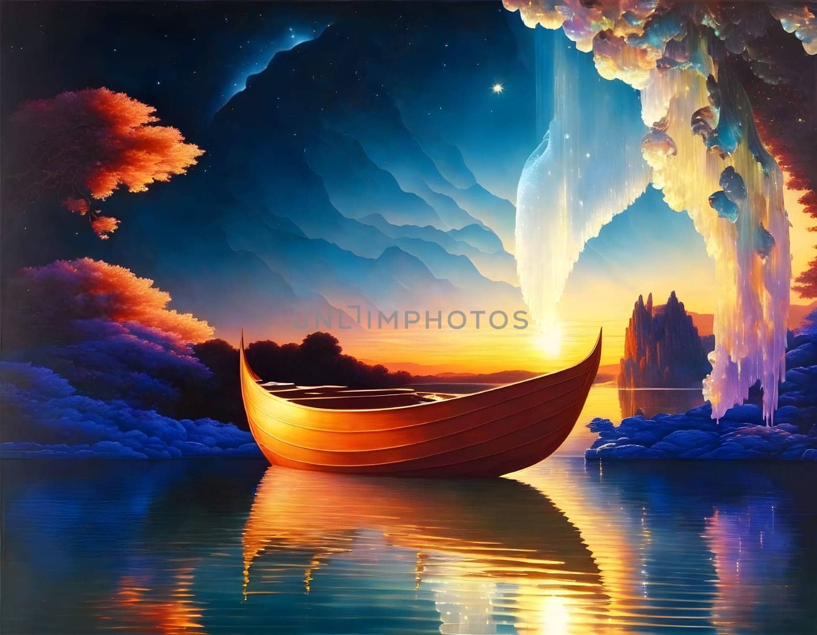 Small wood boat on a lake in autumn fall season- Generative AI