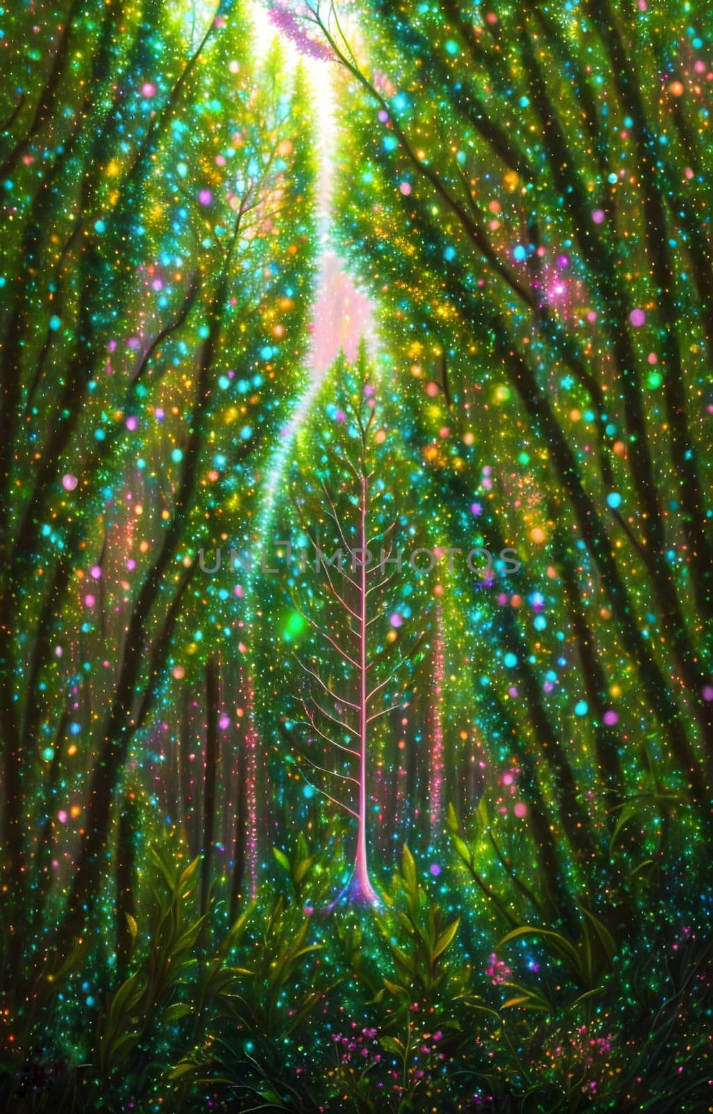A way in a fantasy forest full of colorful lights - Generative AI
