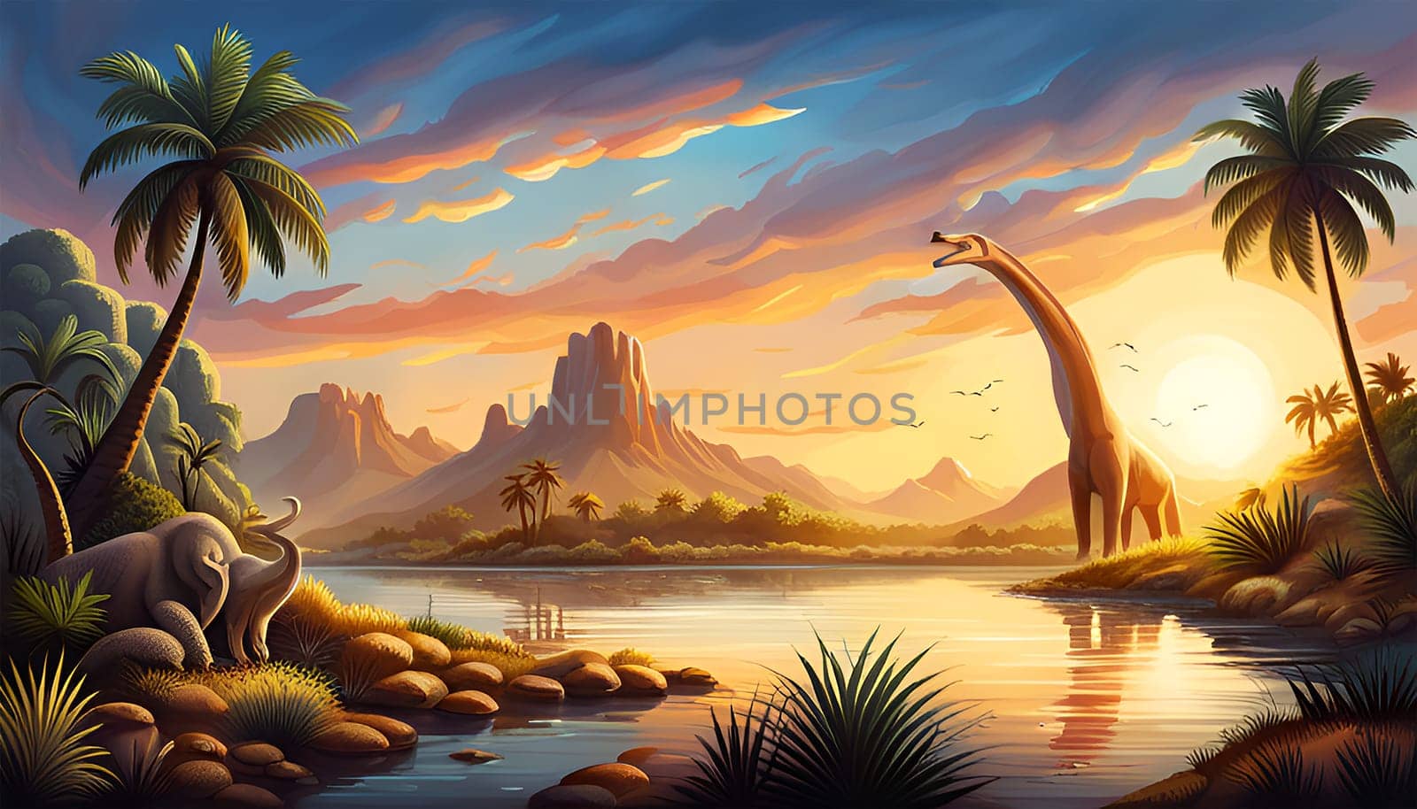 Prehistoric landscape with dinosaur by sunset- Generative AI