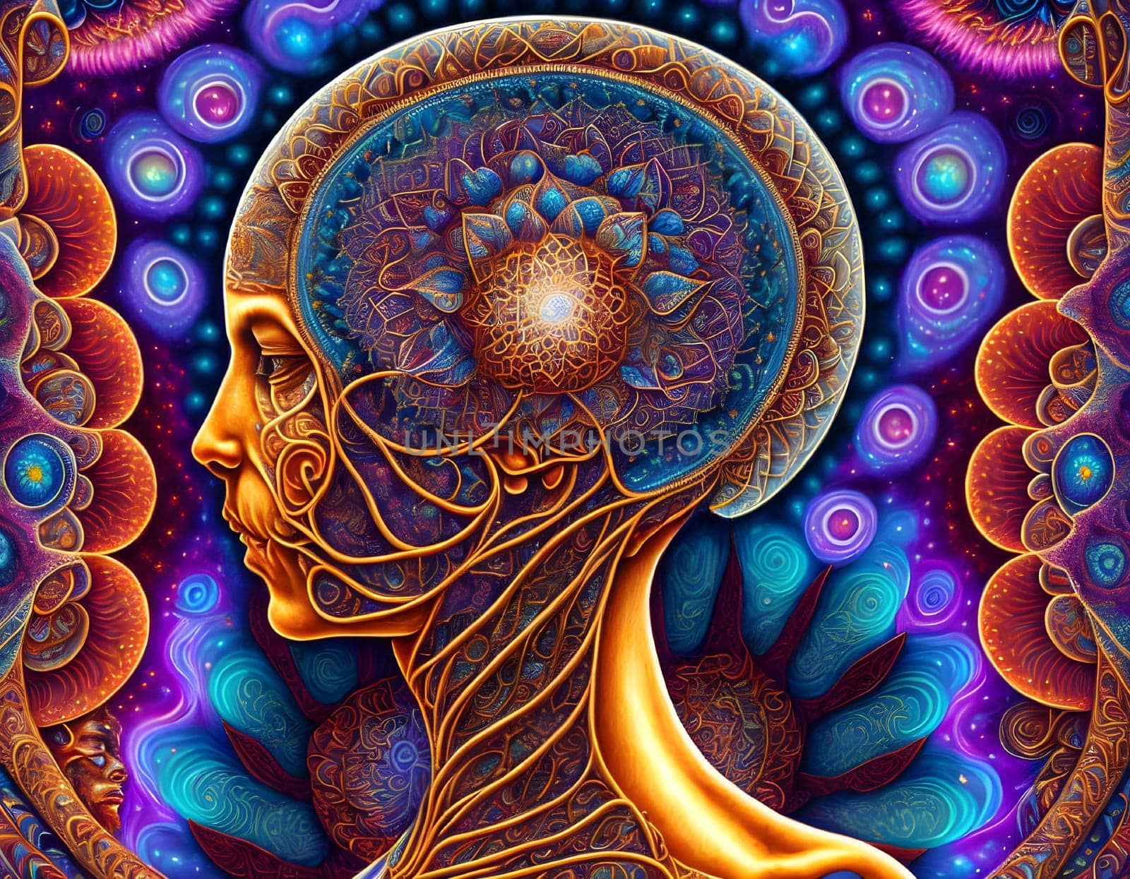 Abstract dreaming mindset woman profile in colorful wonderful background - Generative AI