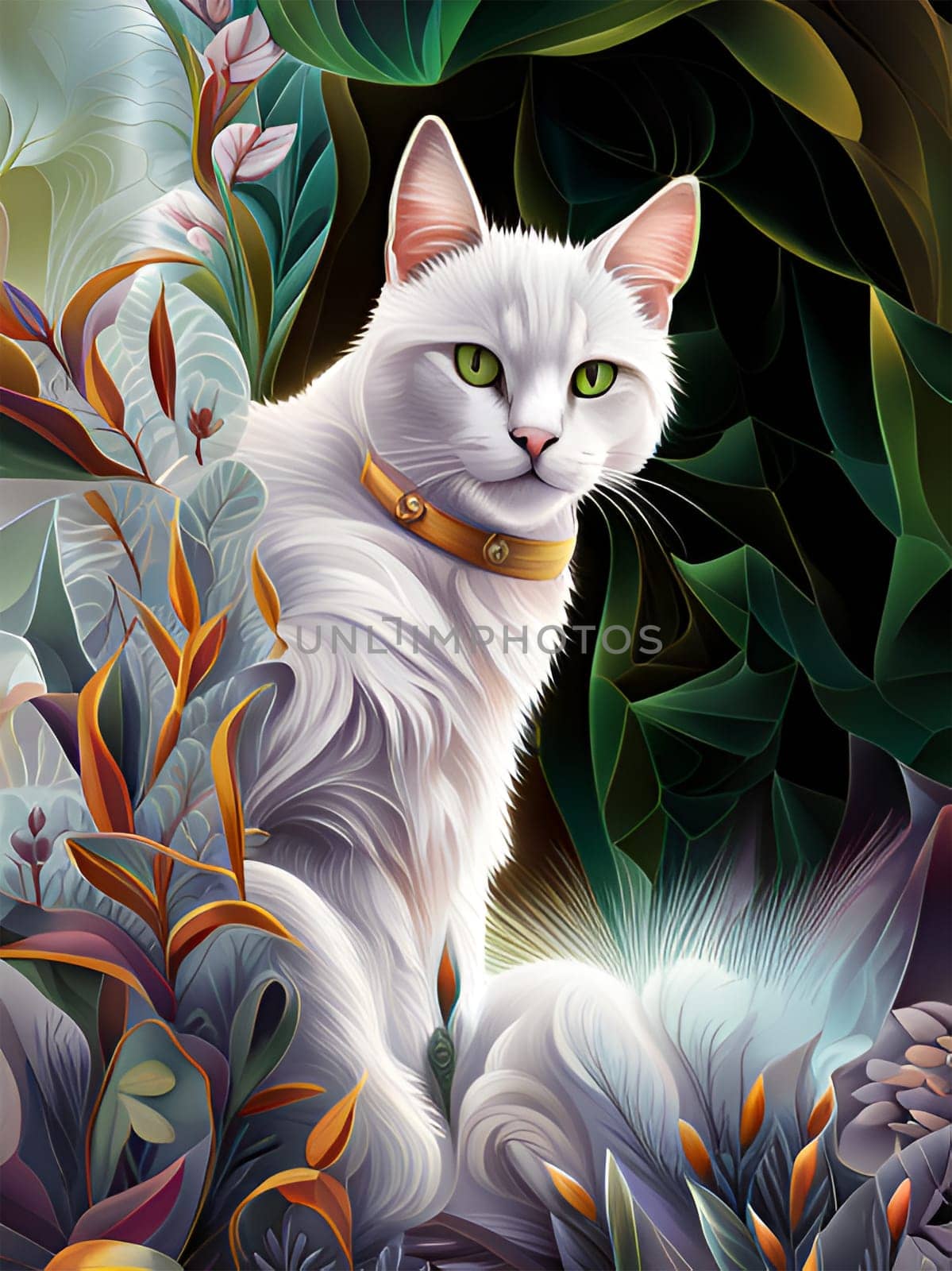 Beautiful white cat portrait with collar and surrounded with plants- Generative AI