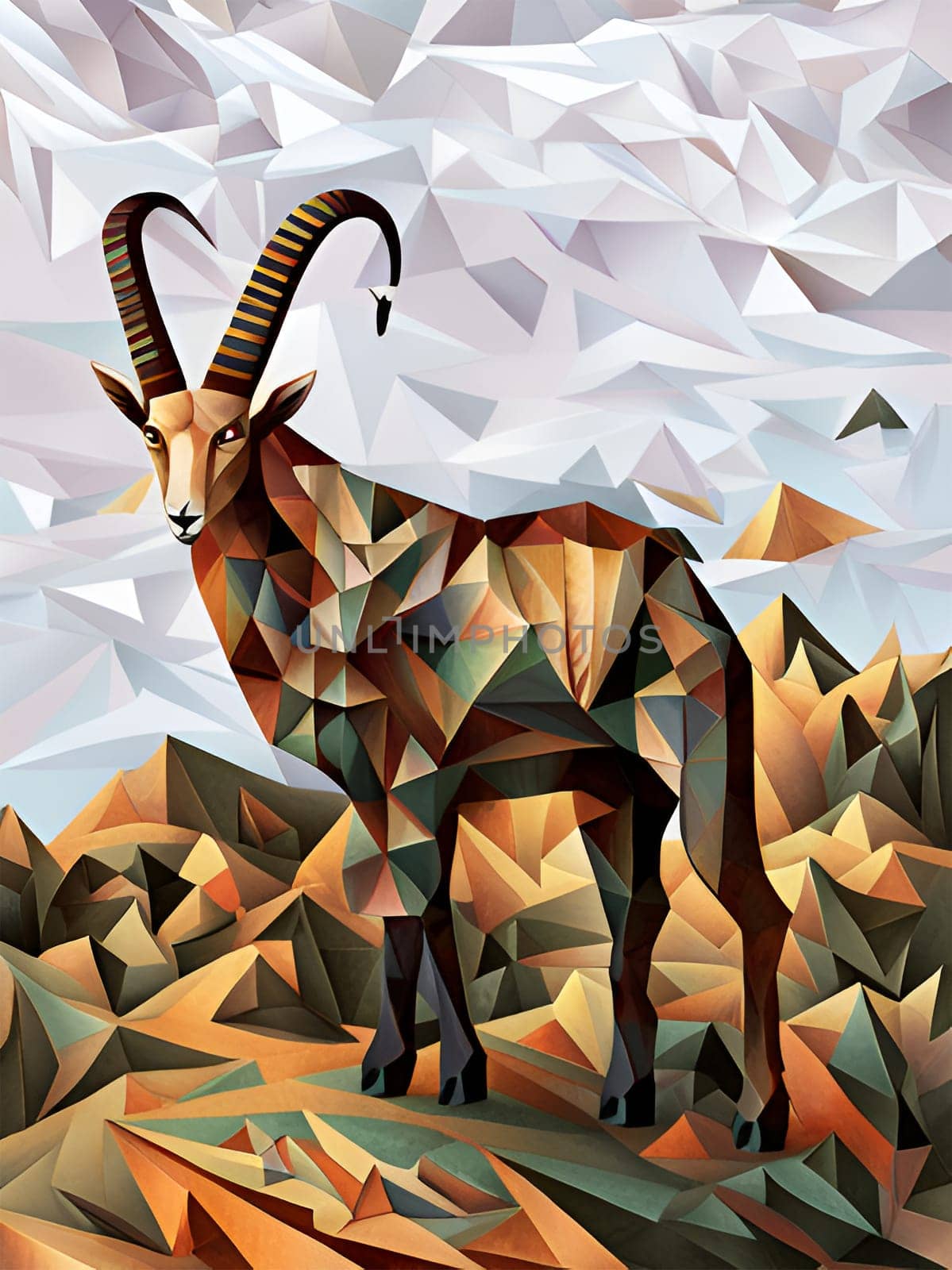 Fantasy alpine ibex with beautiful horns standing in the moutain by grey day - Generative AI