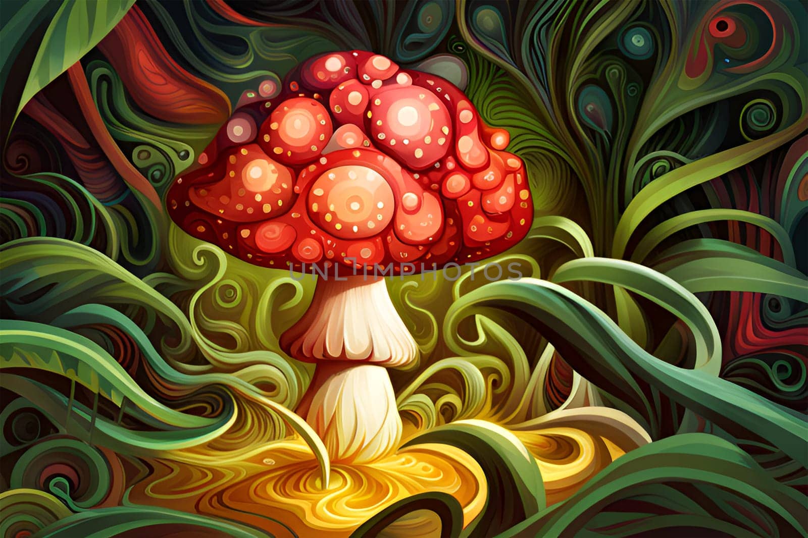 Fantasy colorful red mushroom-in the forest - Generative AI