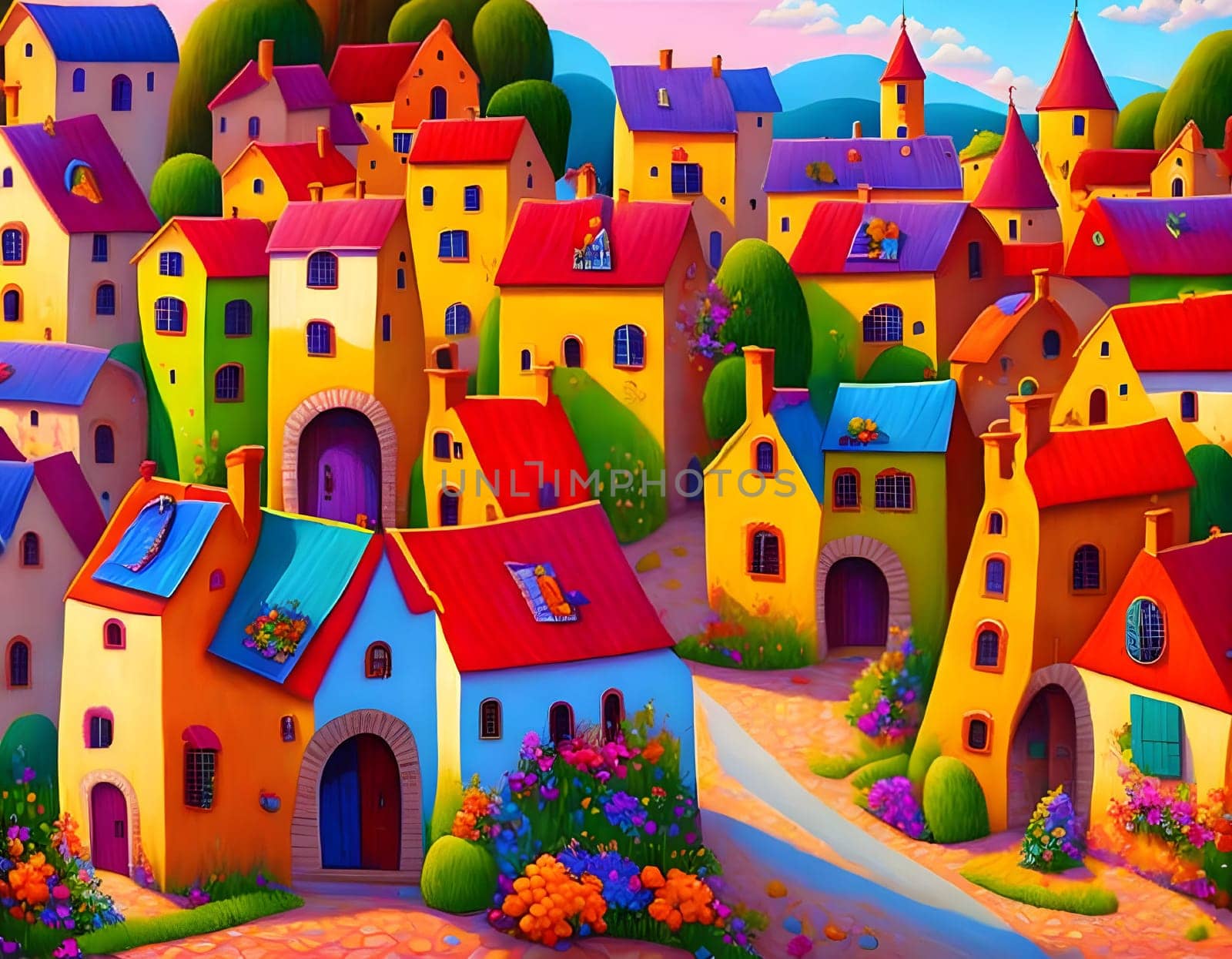 Cute colorful countryside village houses by sunset - Generative AI