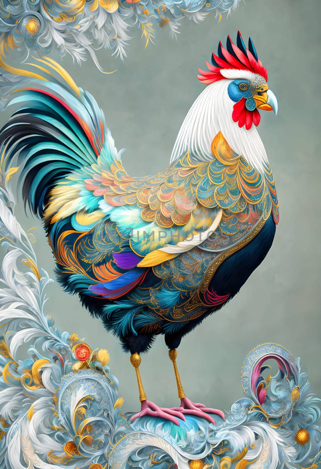 Cockerel rooster portrait among flowers - Generative AI