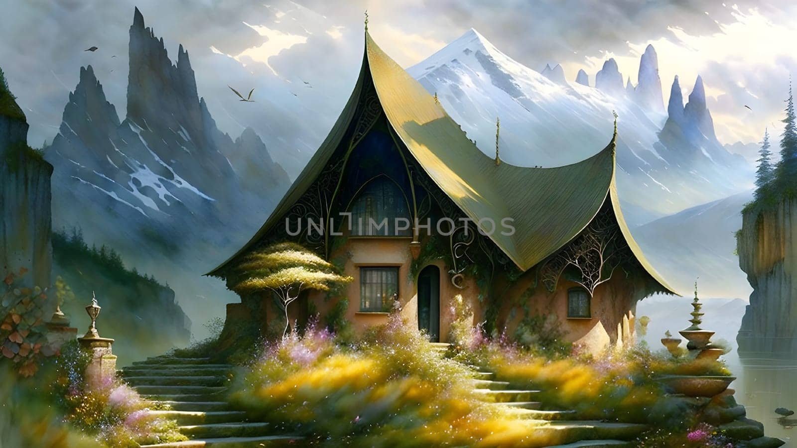 Cute house in the mountain by grey day - Generative AI