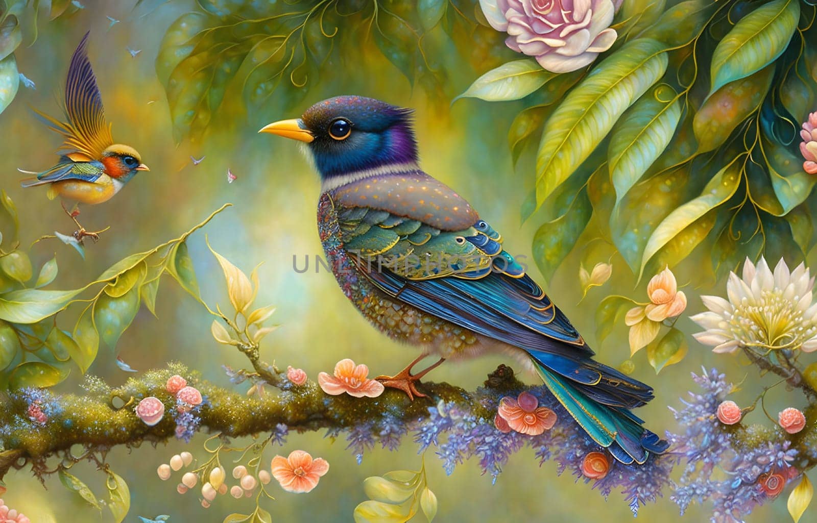 Fantasy colorful blackbird crow in green nature background - Generative AI
