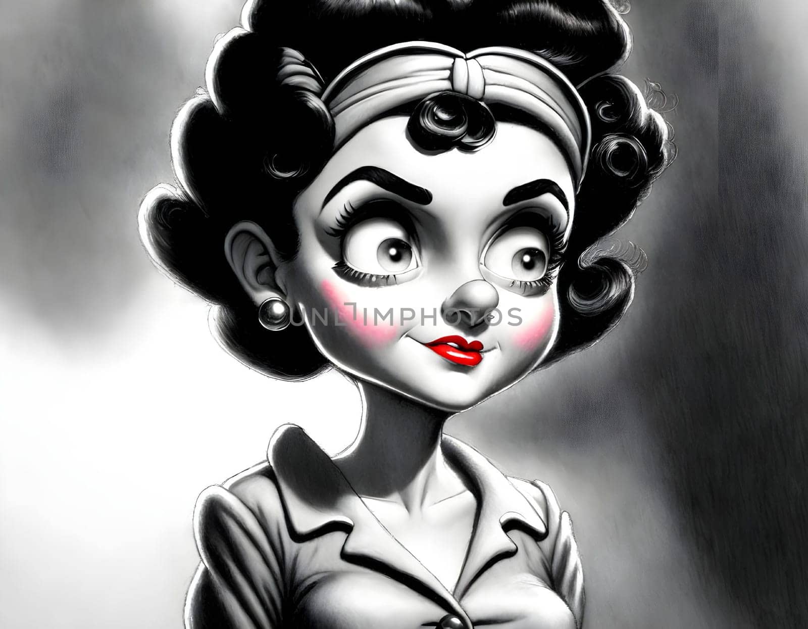 Angry retro pretty girl portrait in black and white - Generative AI