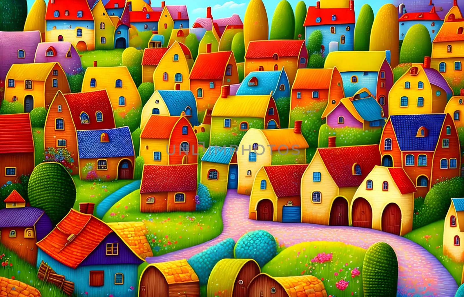 Cute countryside village colorful houses by day - Generative AI
