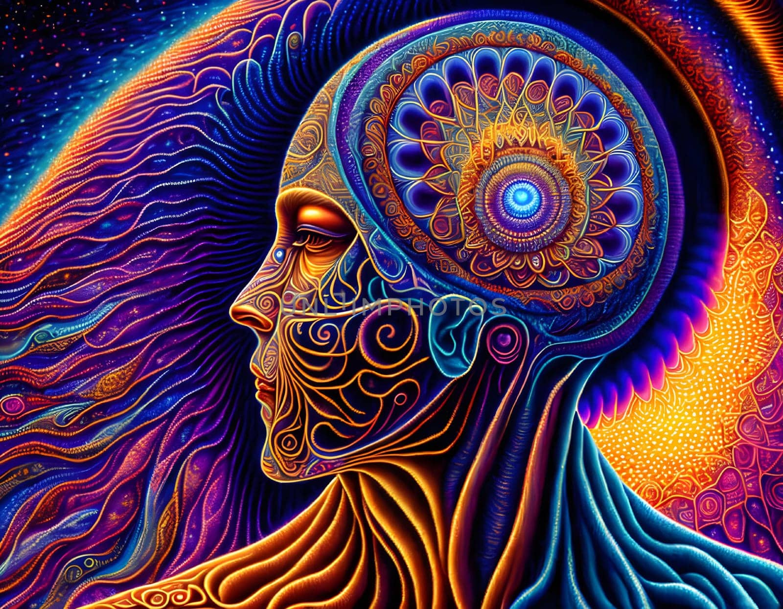 Abstract dreaming mindset woman profile in colorful wonderful background - Generative AI