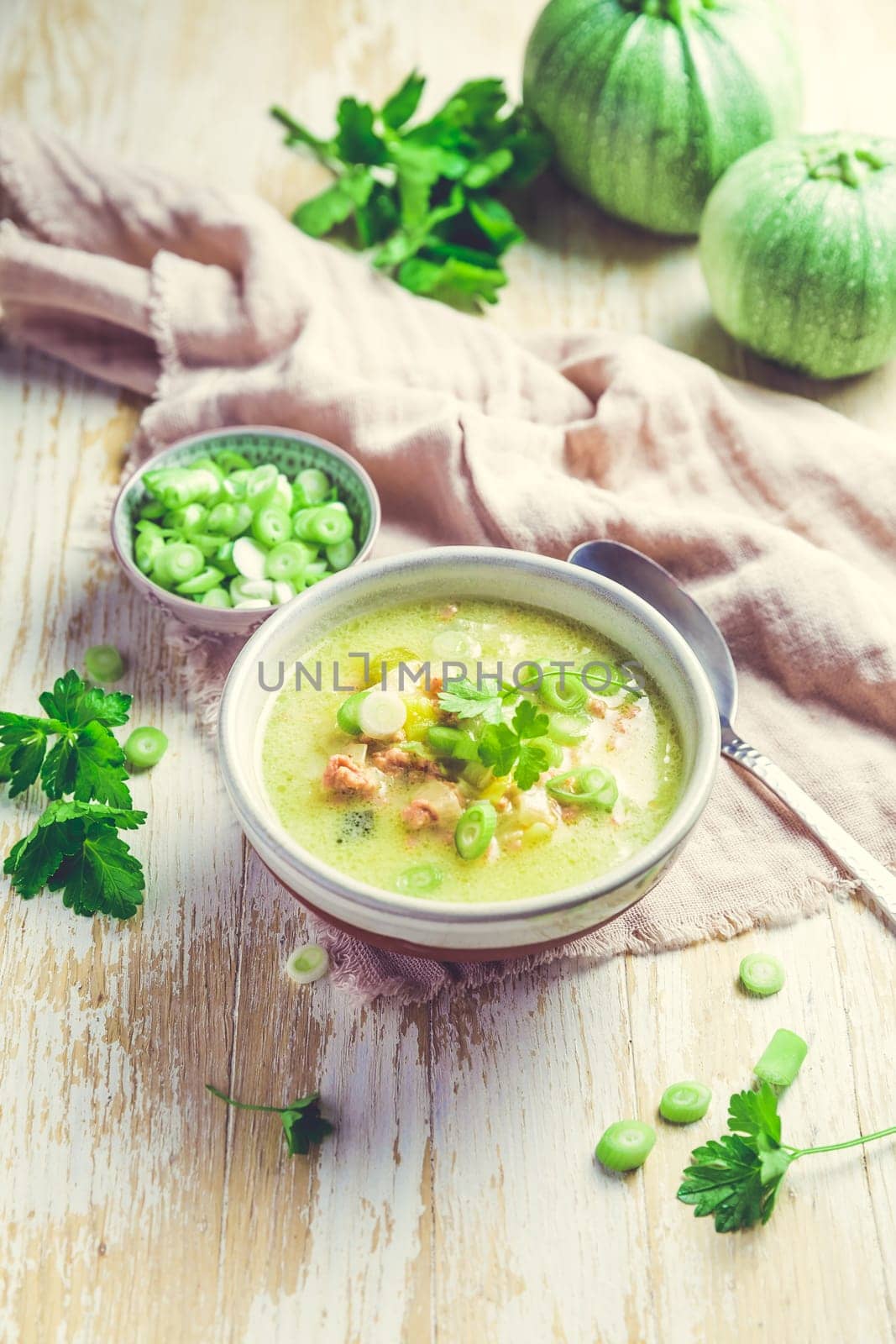 Tasty homemade zucchini cream soup, soup puree of green vegetables.