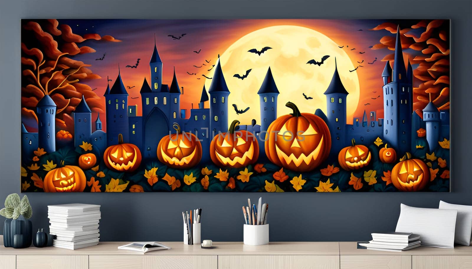 Halloween scenery painting in a room holding on the wall upon a buffet with objects - Generative AI