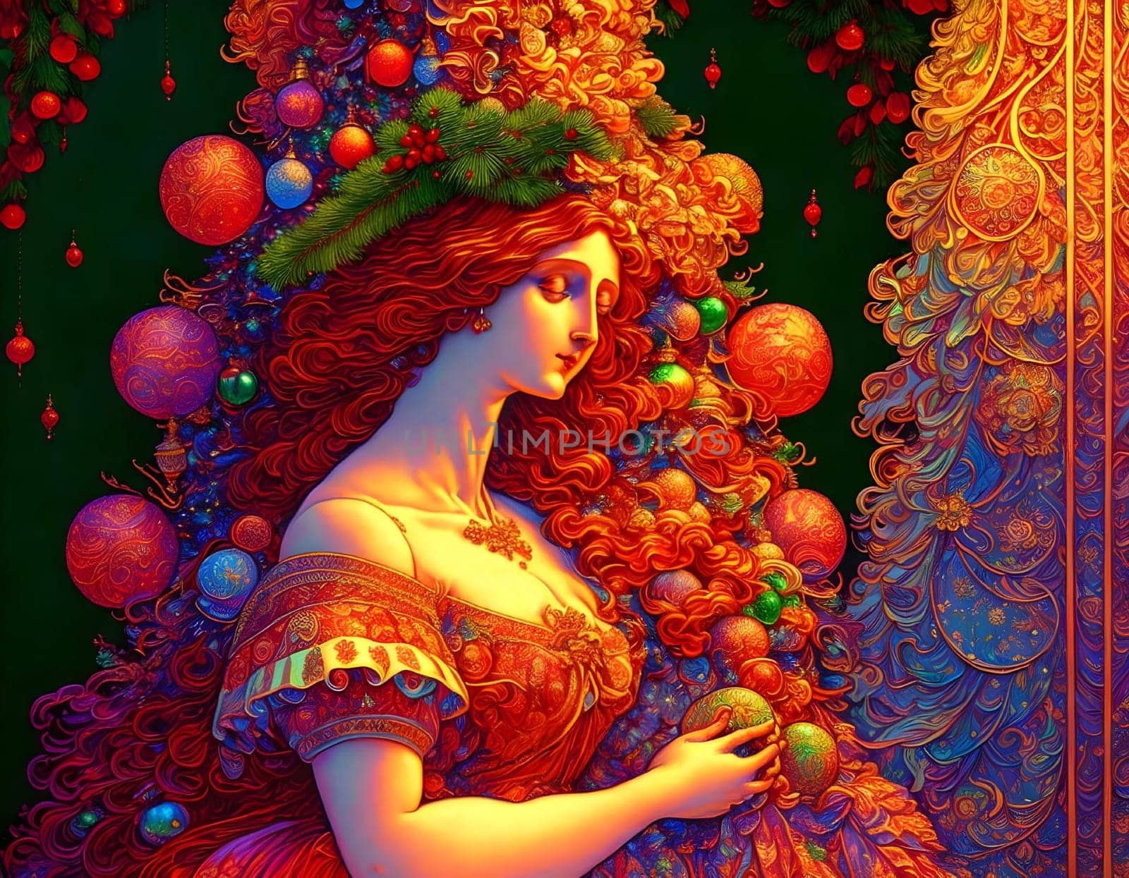 Vintage Christmas celebration with a beautiful woman and decoration - Generative AI