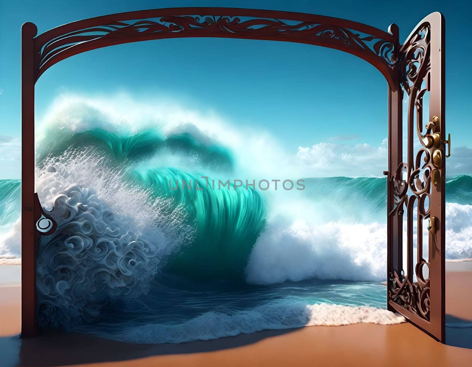Iron gate to the ocean wave at the beach by day - Generative AI