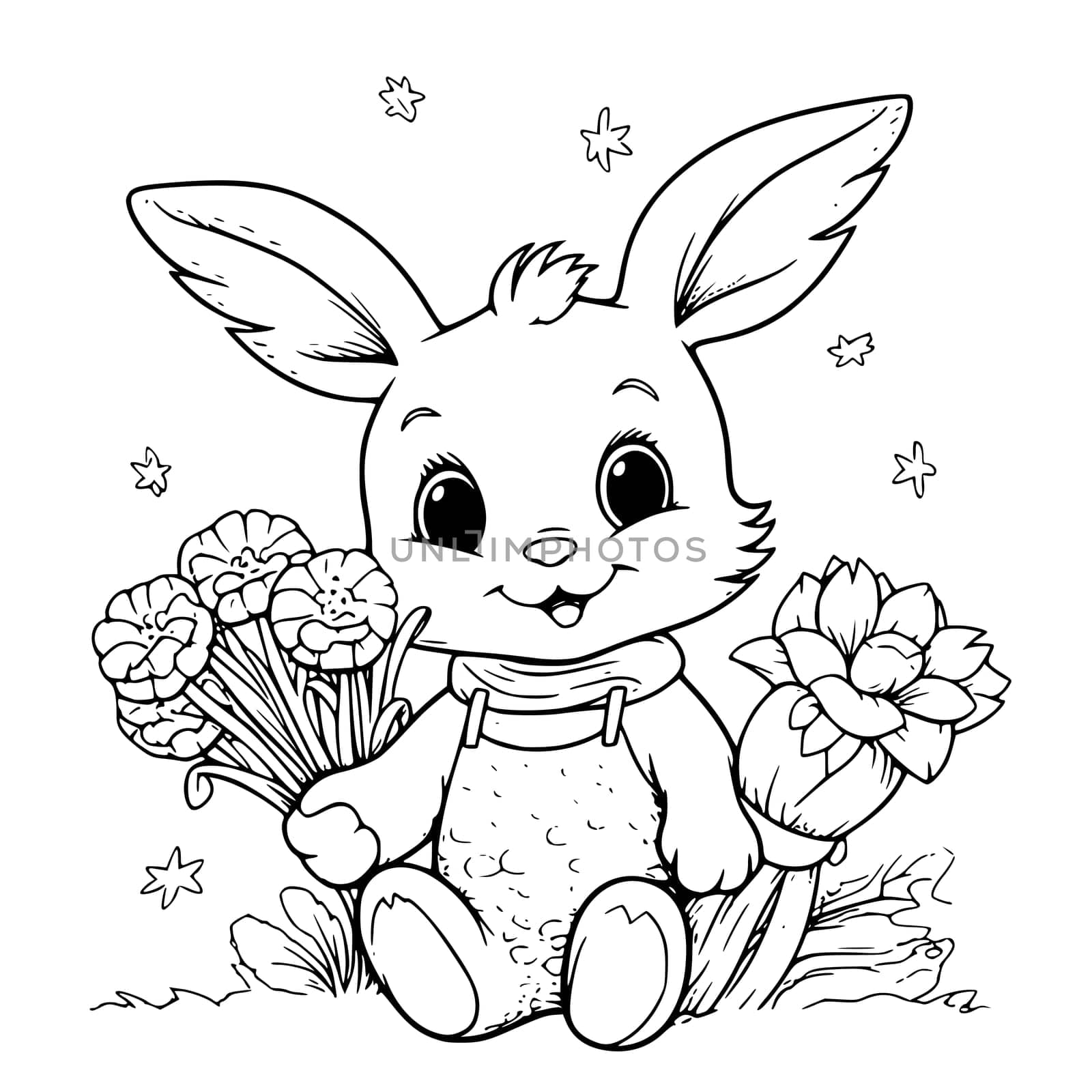 Rabbit with a bouquet coloring page drawing for kids