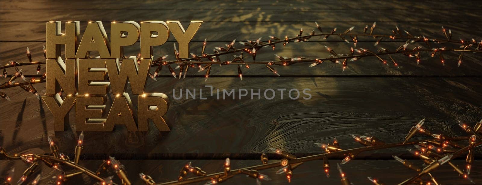 3D Illustration ,   New Year Abstract golden garland and golden numbers on dark background