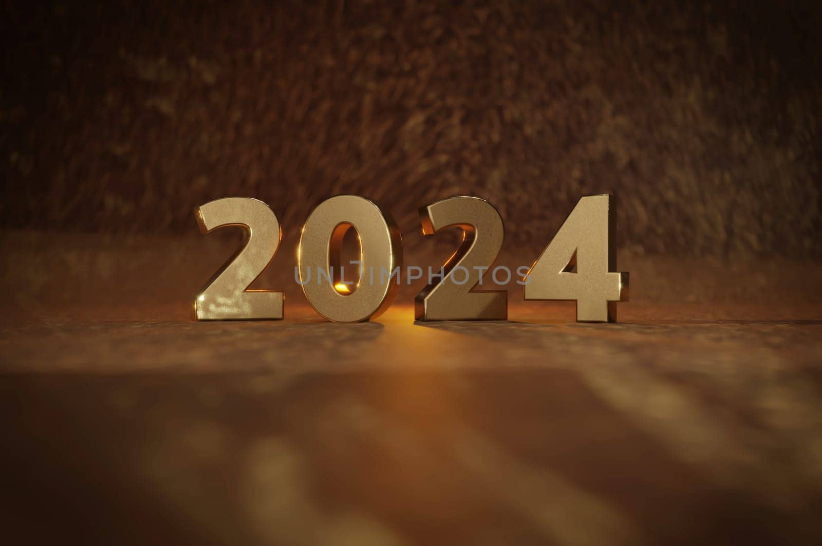 3D Illustration, happy new year 2024 background new year holidays card with bright lights,gifts and bottle of hampagne