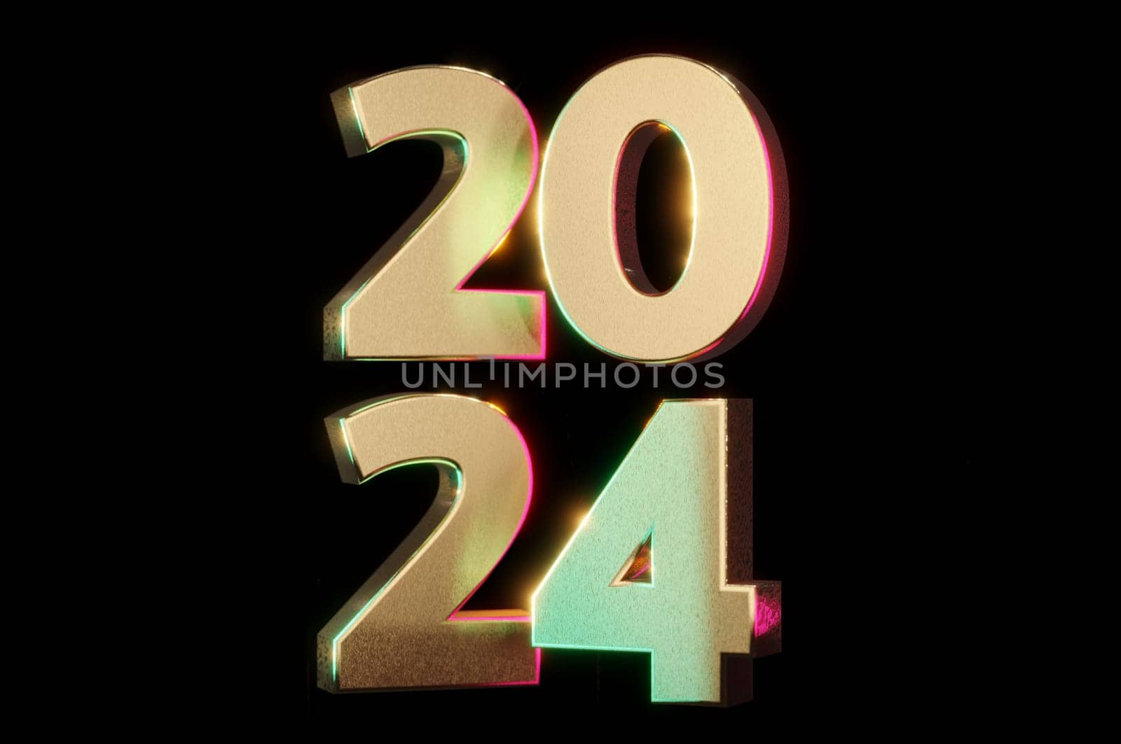 3D Illustration, happy new year 2024 background new year holidays card with bright lights,gifts and bottle of hampagne