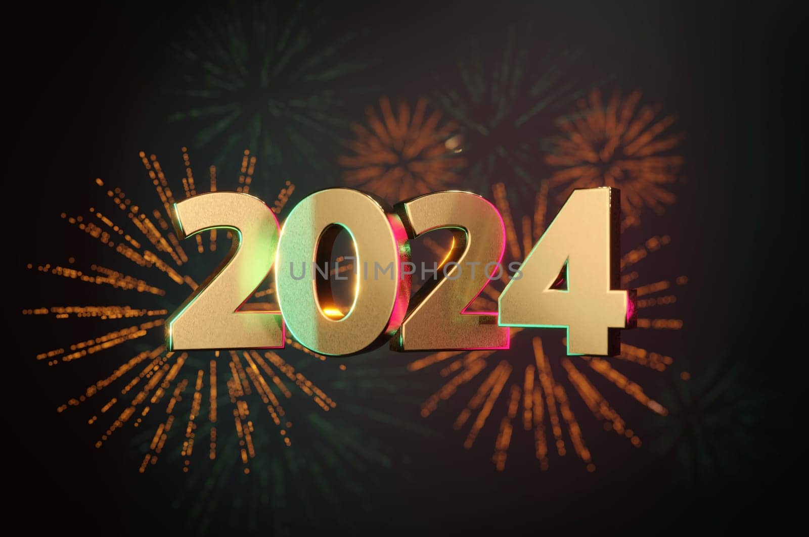 3D Illustration, happy new year 2024 background new year holidays card with golden lights,gifts and bottle of hampagne