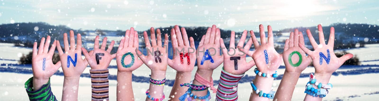 Children Hands Building Colorful English Word Information. White Winter Background With Snowflakes And Snowy Landscape.