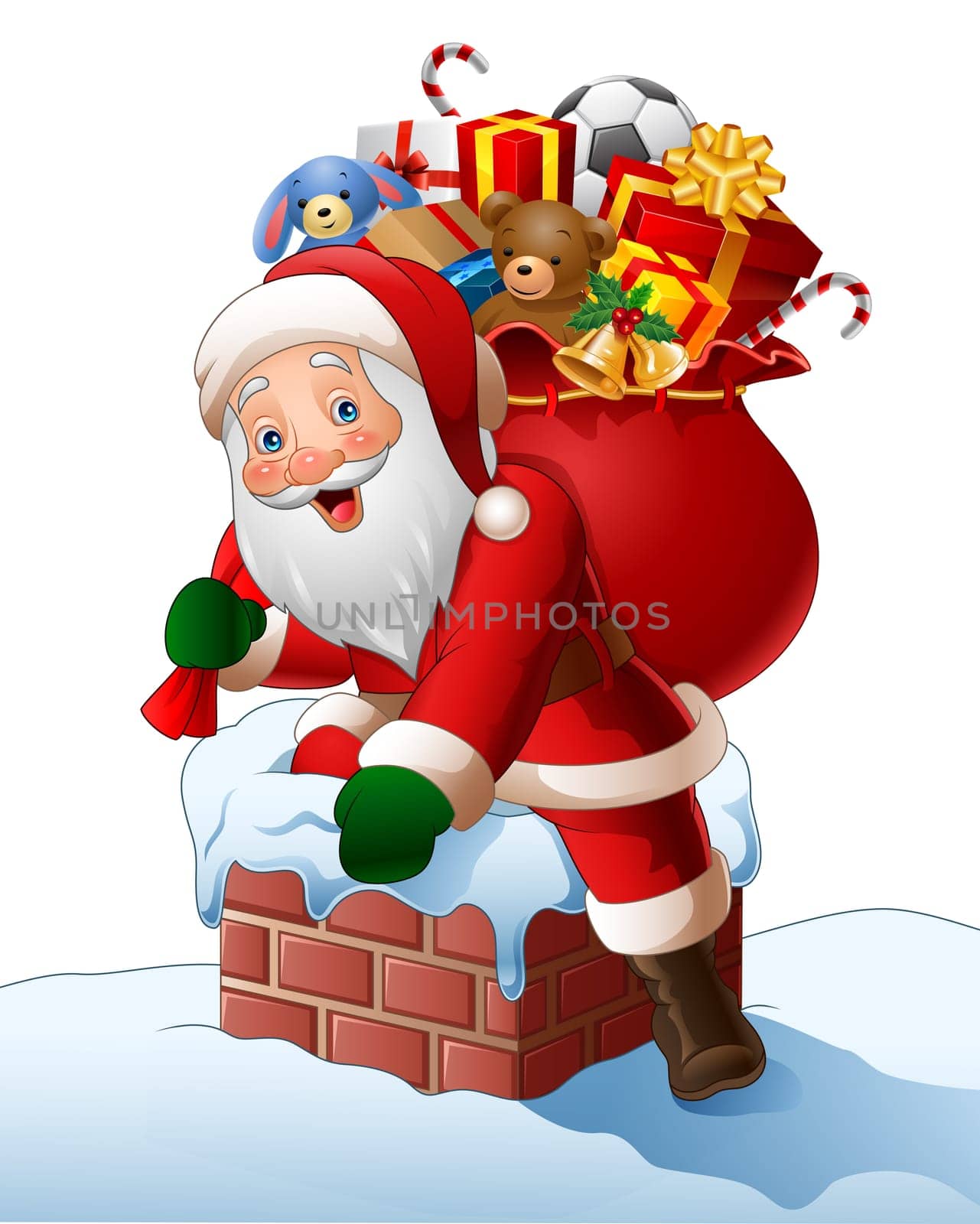 Cartoon Santa Claus enters a home through the Chimney