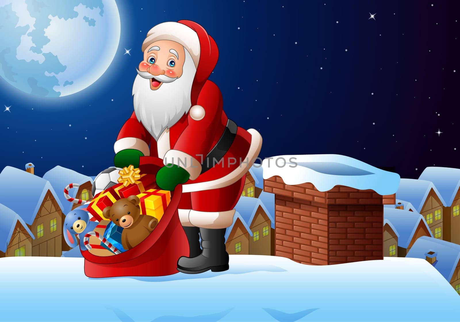 Cartoon Santa Clause holding bag of presents on the roof top