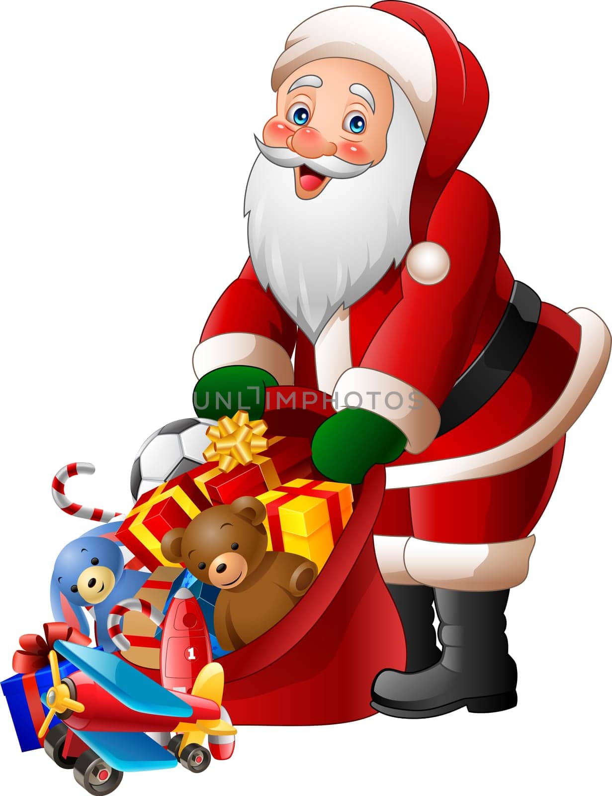 Cartoon Santa Clause holding bag of presents
