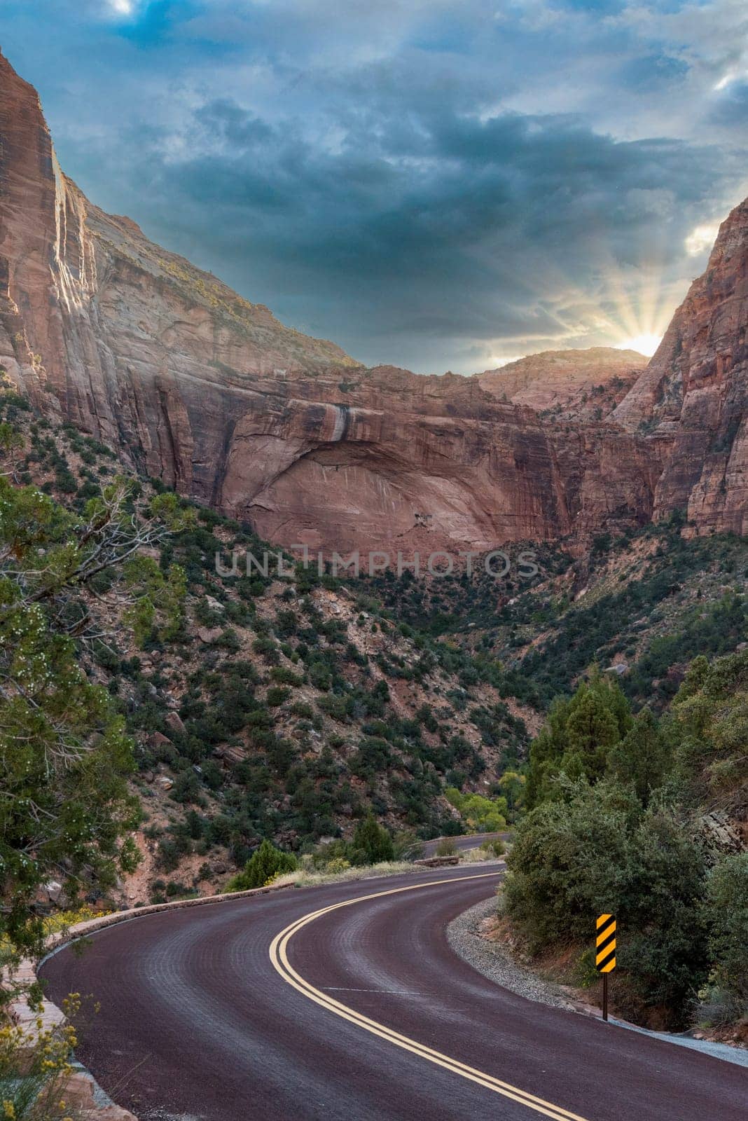 Scenic Drive in the Zion National Park during sunset, USA
