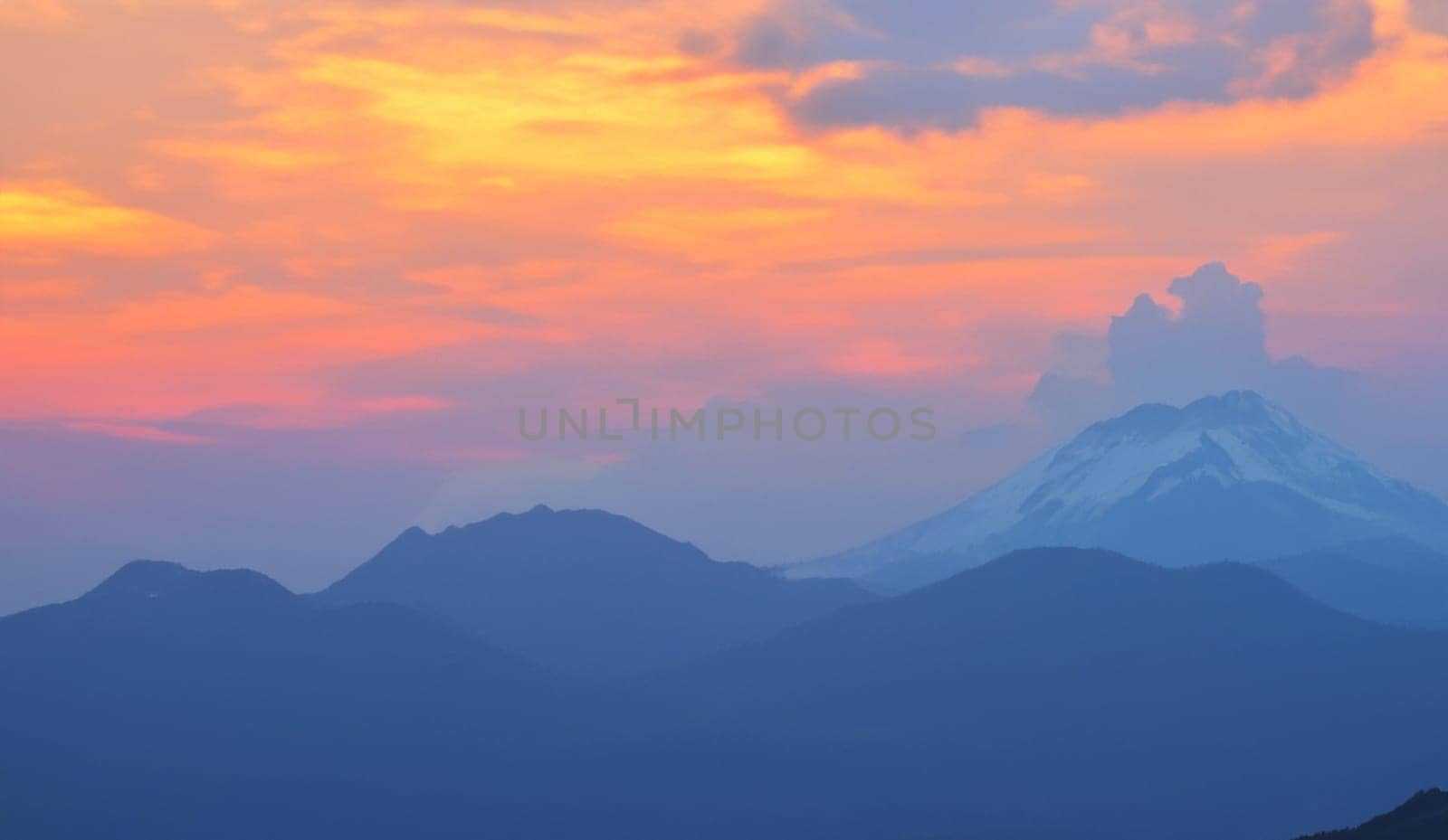 View of landscape nature and mountain with sunlight and sunset or sunrise in twilight, Ai Generate