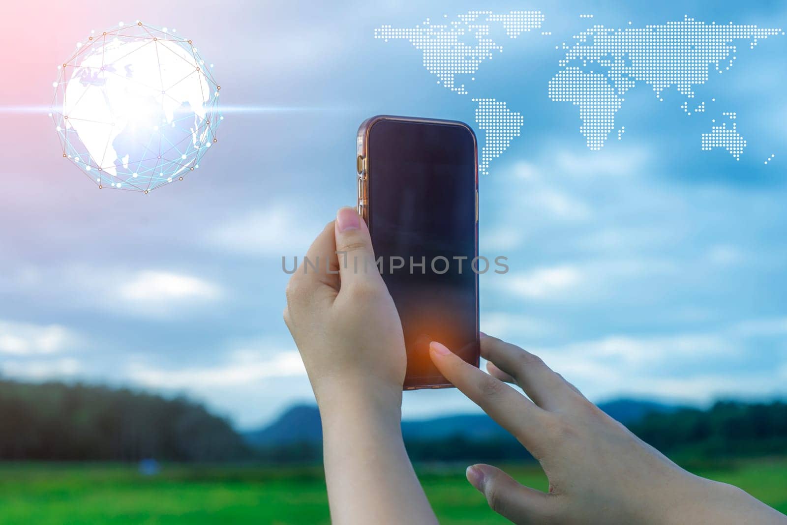 Women with smartphone mobile online social network, Network global world map internet networking people concept