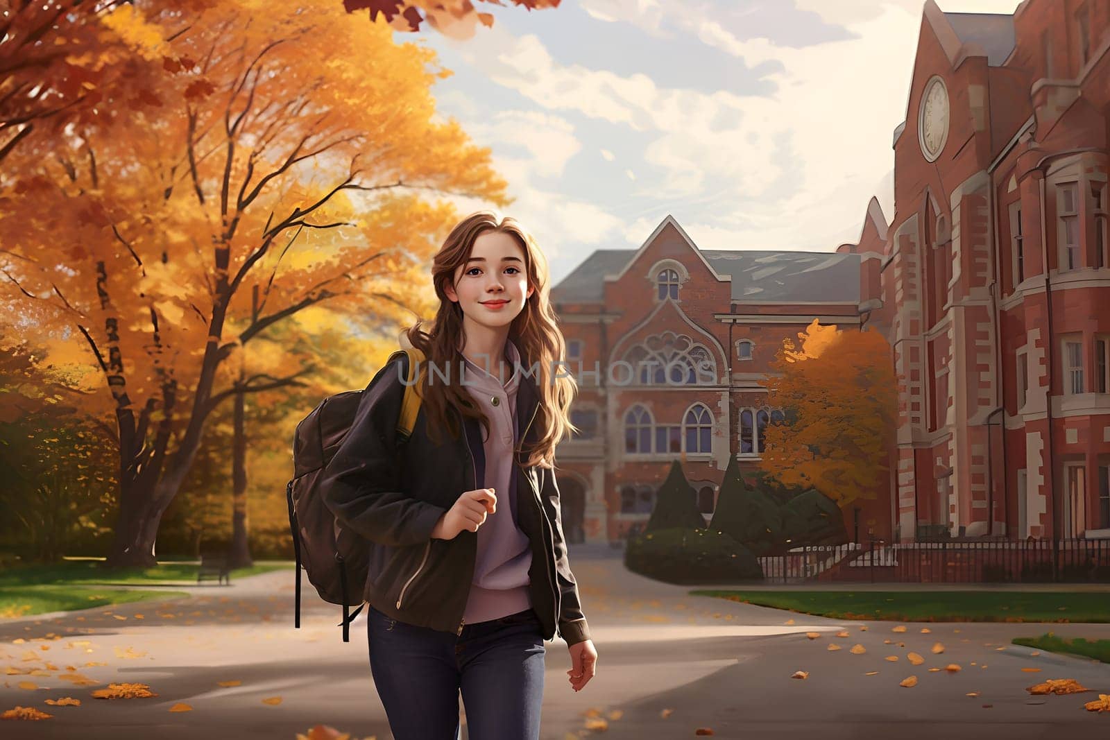 Positive smiling schoolgirl with backpack walking in cecrle at school yard. Happy young pupil looking at camera. Back to school concept. Joyful female student excited, ready to learn