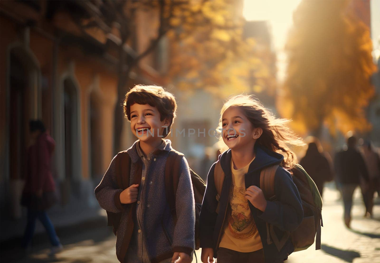 Portrait of 2 cheerful smiling boy, girl with backpacks. Young friendly schoolchildren. Back to school concept. Joyful male and female students in cecrle at yard on their way to school. Sunny day